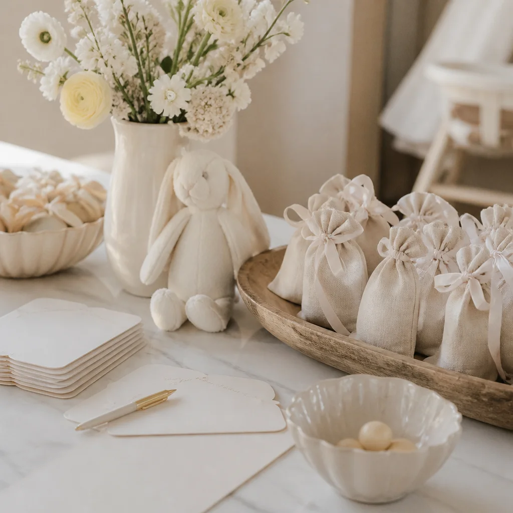 Detalles finales sutiles de baby shower con recuerdos, notas de invitados y acentos personales