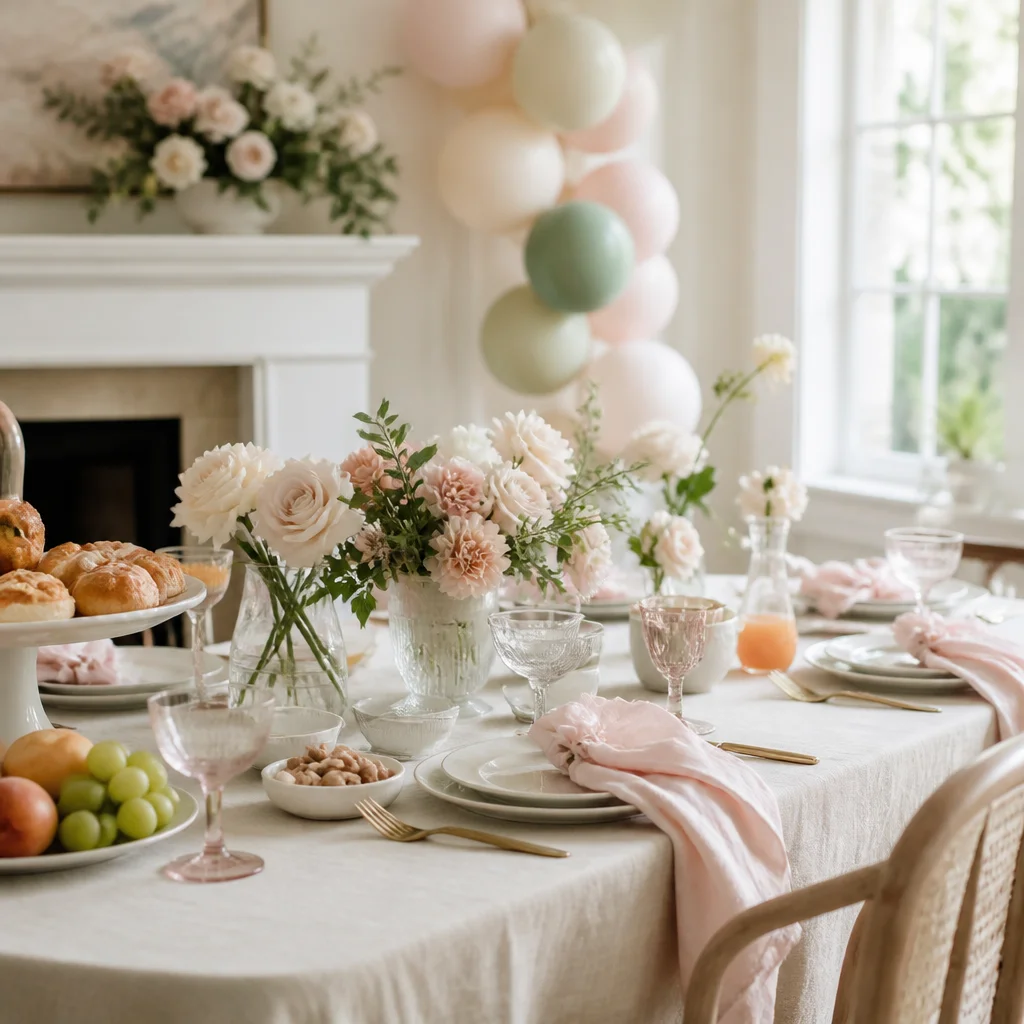 Soft pastel baby shower brunch table with neutral linen, pale flowers, and delicate place settings