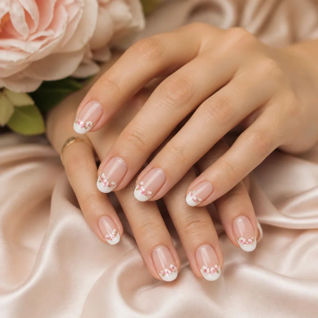 Classic French manicure with tiny floral details placed along the tips