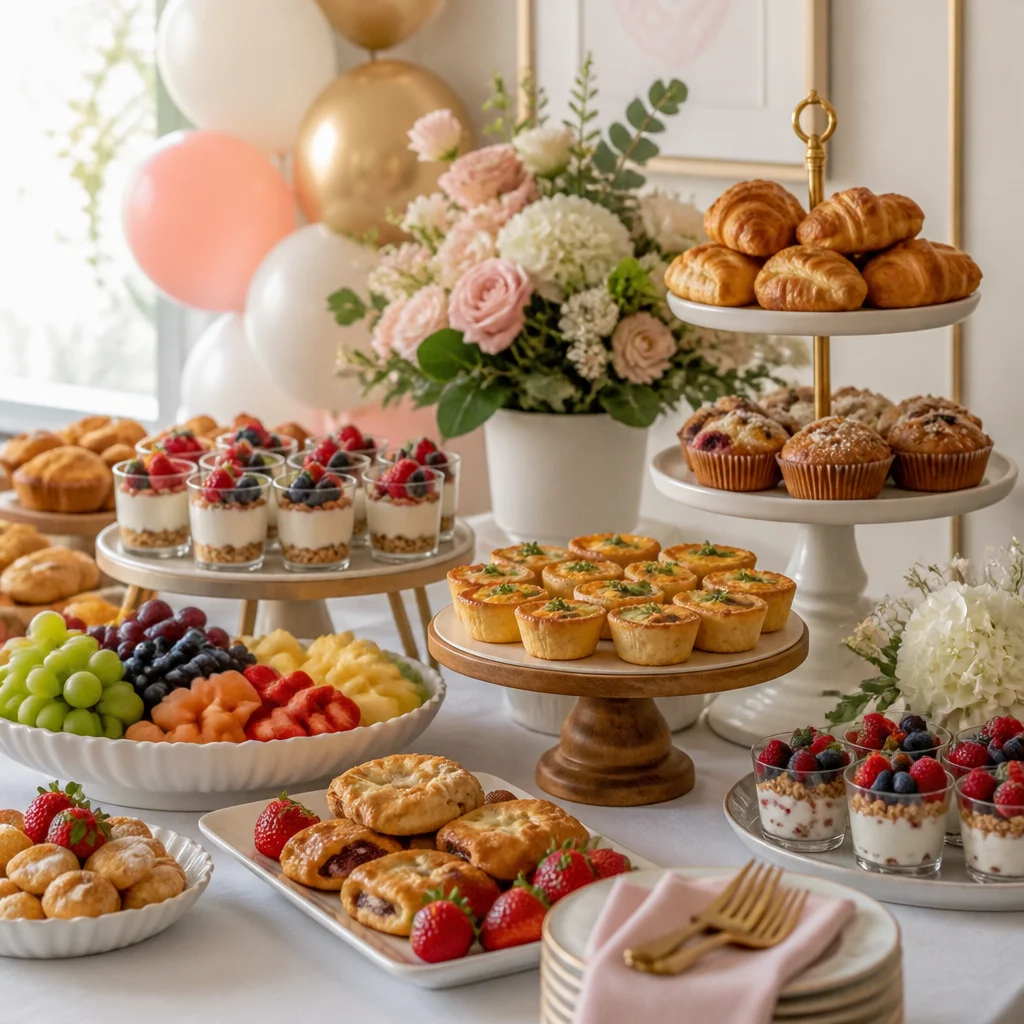 Baby shower brunch buffet with quiches, pastries, fruit platters, and tiered serving pieces
