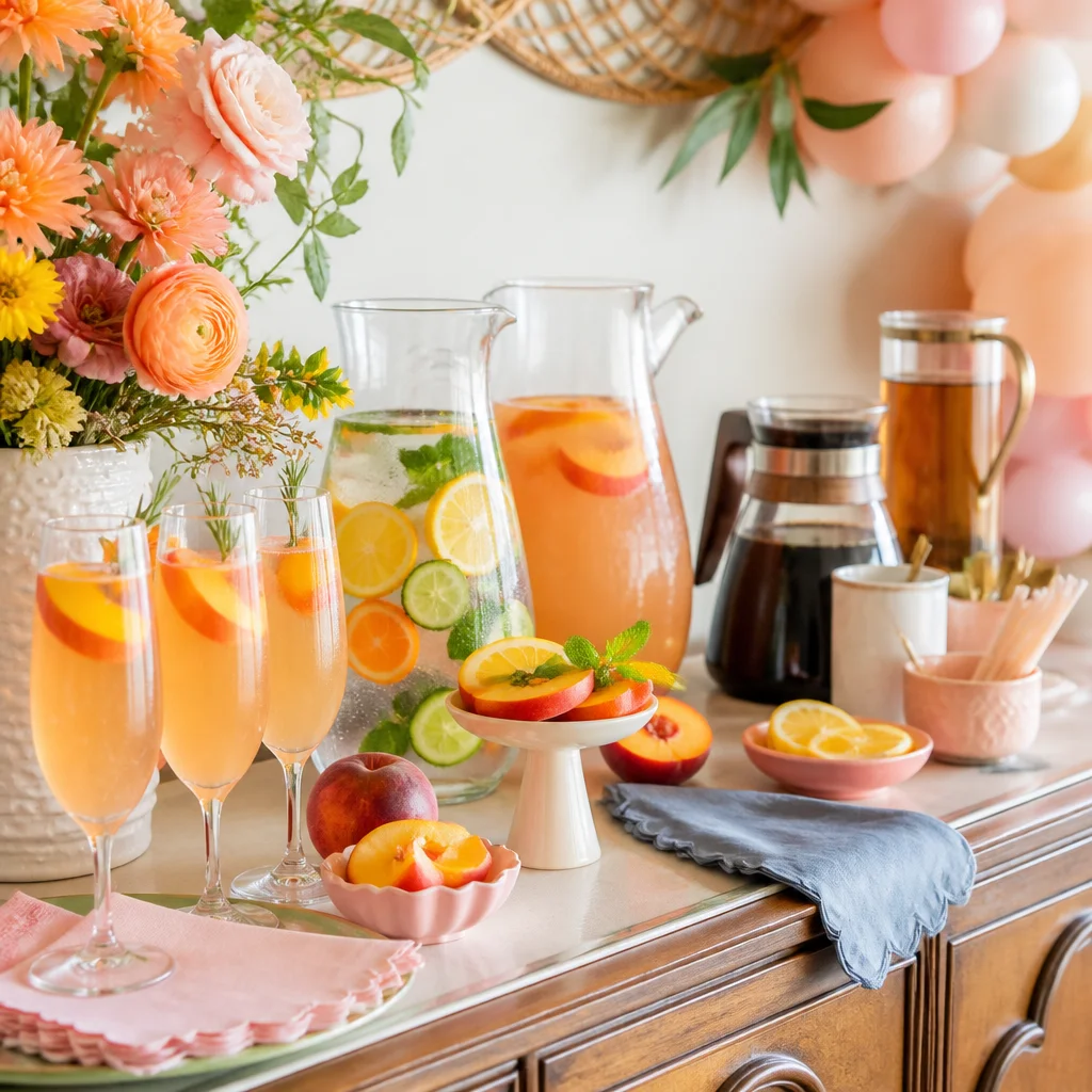 Festive brunch drink station with mocktails, citrus slices, glass pitchers, and coffee service