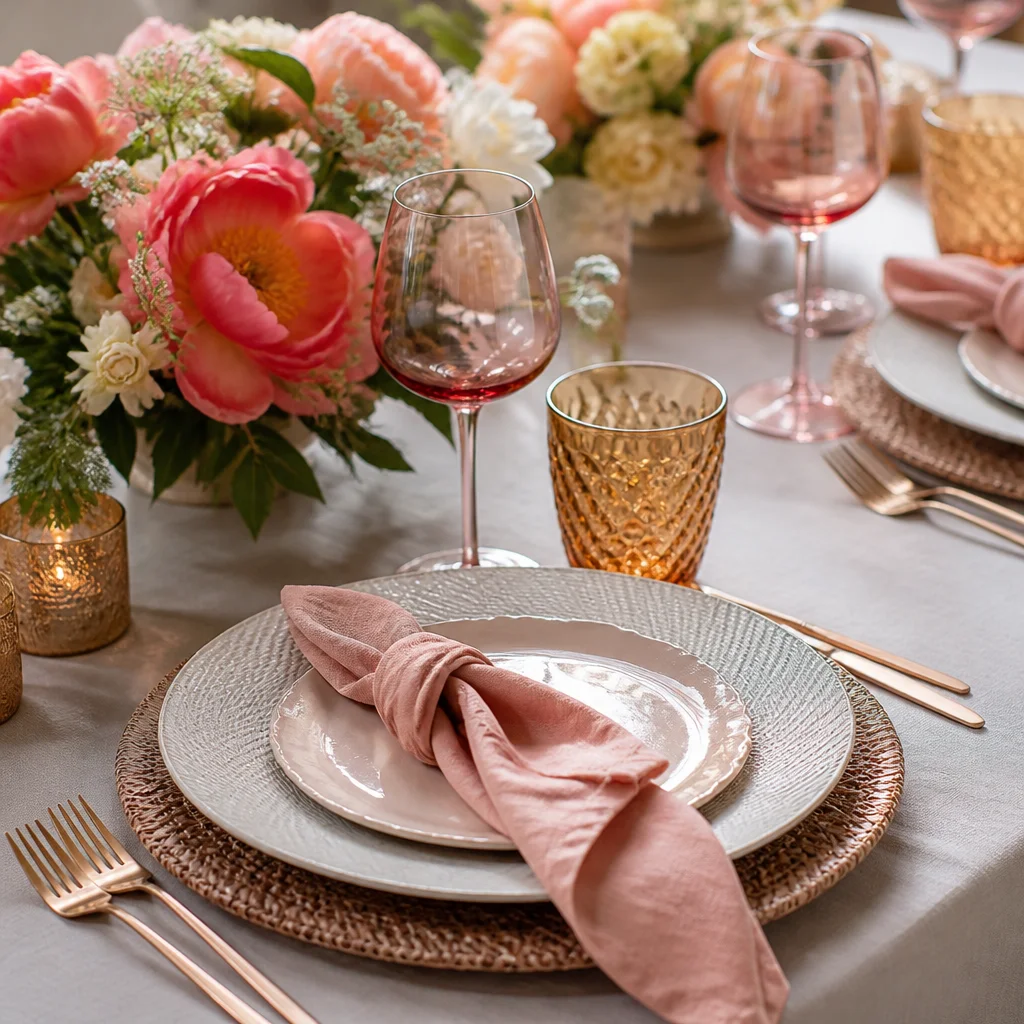 Layered brunch place settings with cloth napkins, textured plates, and low floral centerpieces
