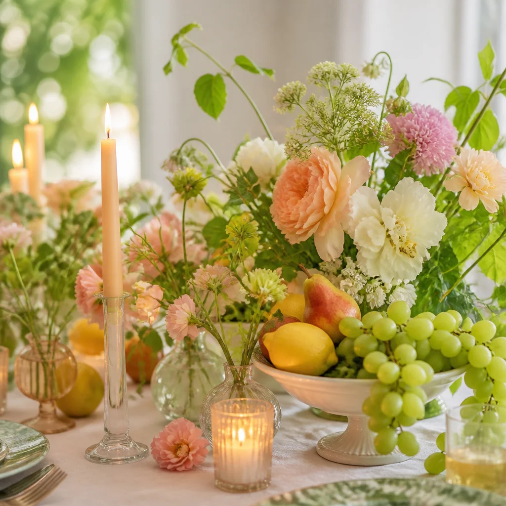 Fresh centerpiece with flowers and seasonal fruit arranged along a brunch table