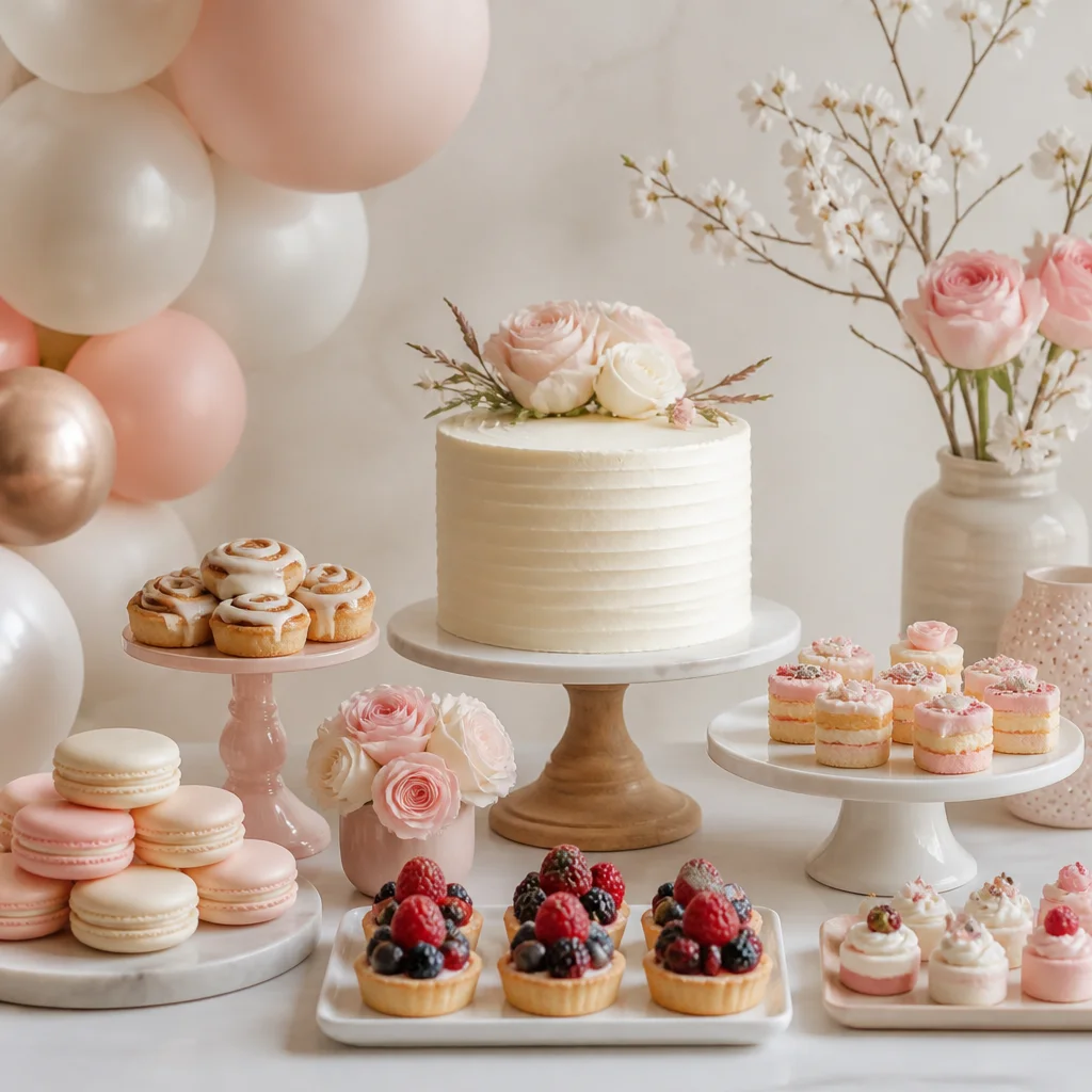 Elegant baby shower sweets corner with mini pastries, berry desserts, and a simple cake