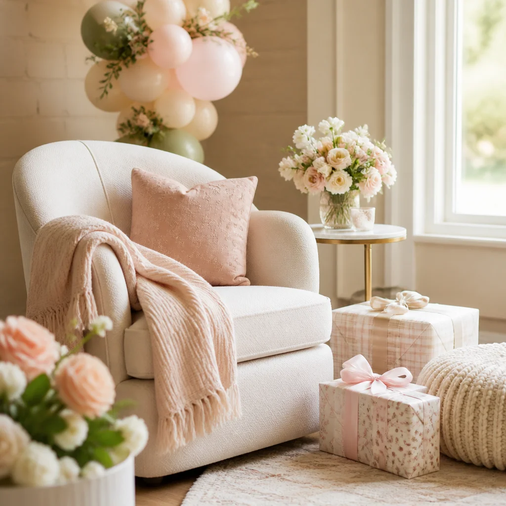 Cozy lounge corner for a baby shower with upholstered chair, pillows, gifts, and soft accents