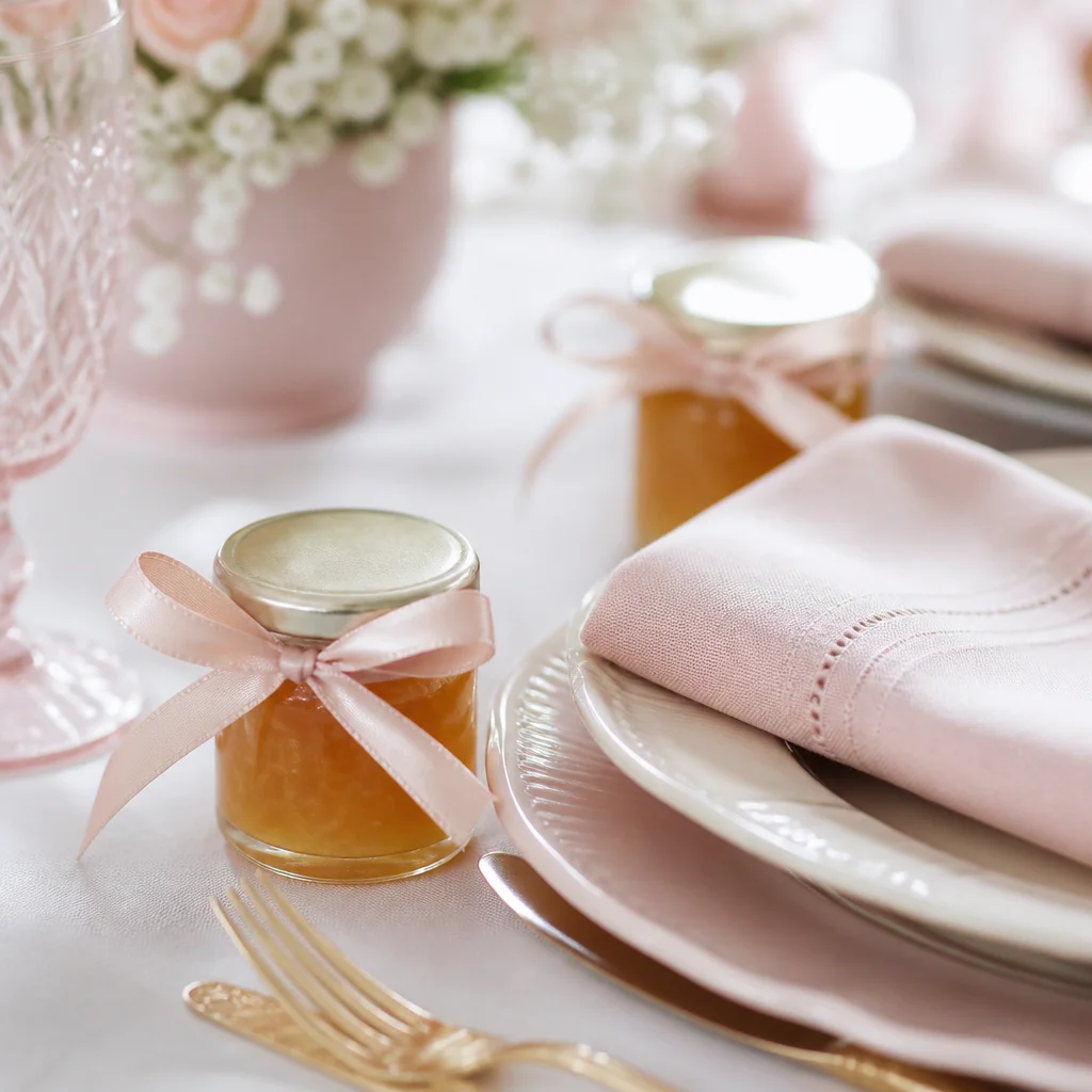 Close-up of place card favors with mini jam jars and ribbon at each brunch table setting