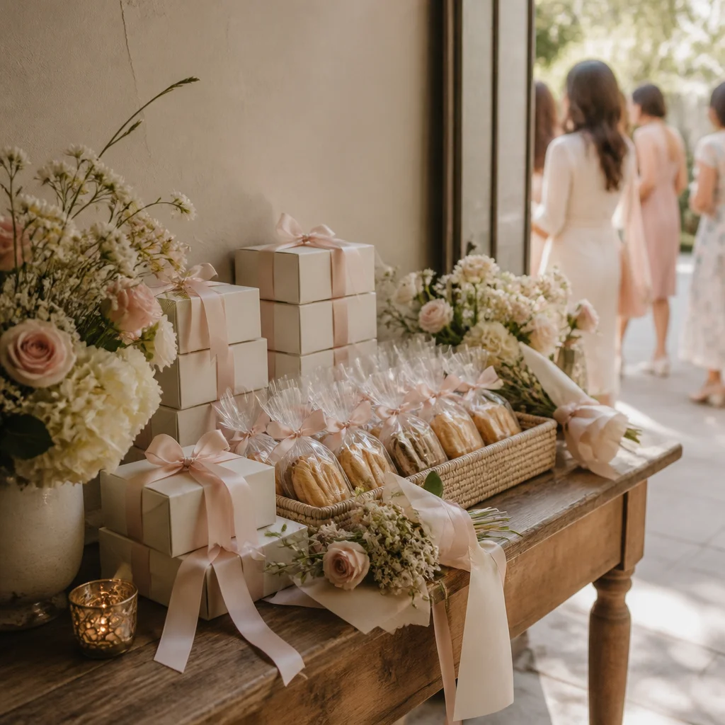 Pretty farewell favor display with boxed pastries and small floral bundles near the exit
