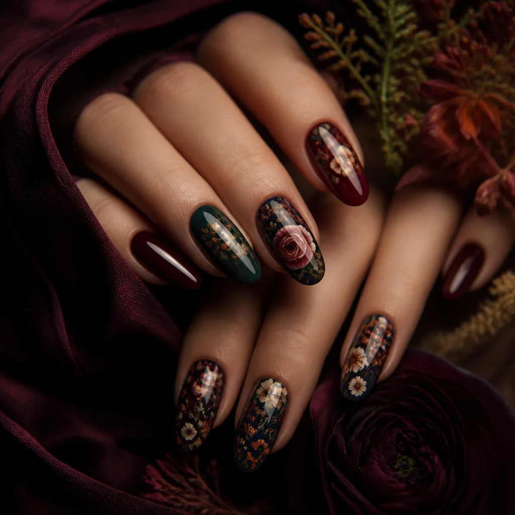 Dark moody floral nails with painted roses on burgundy and black tones