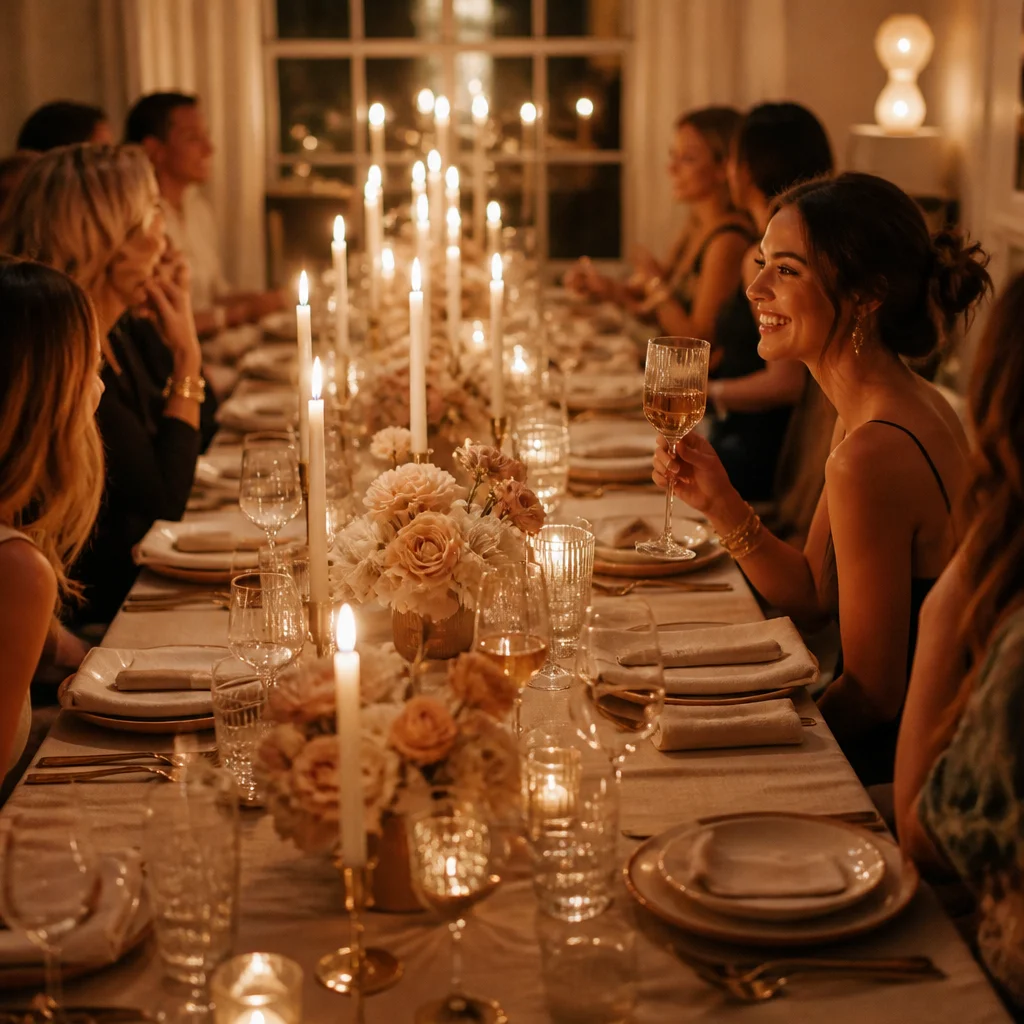 Candlelit milestone birthday dinner table in warm neutral tones with layered linens and low florals