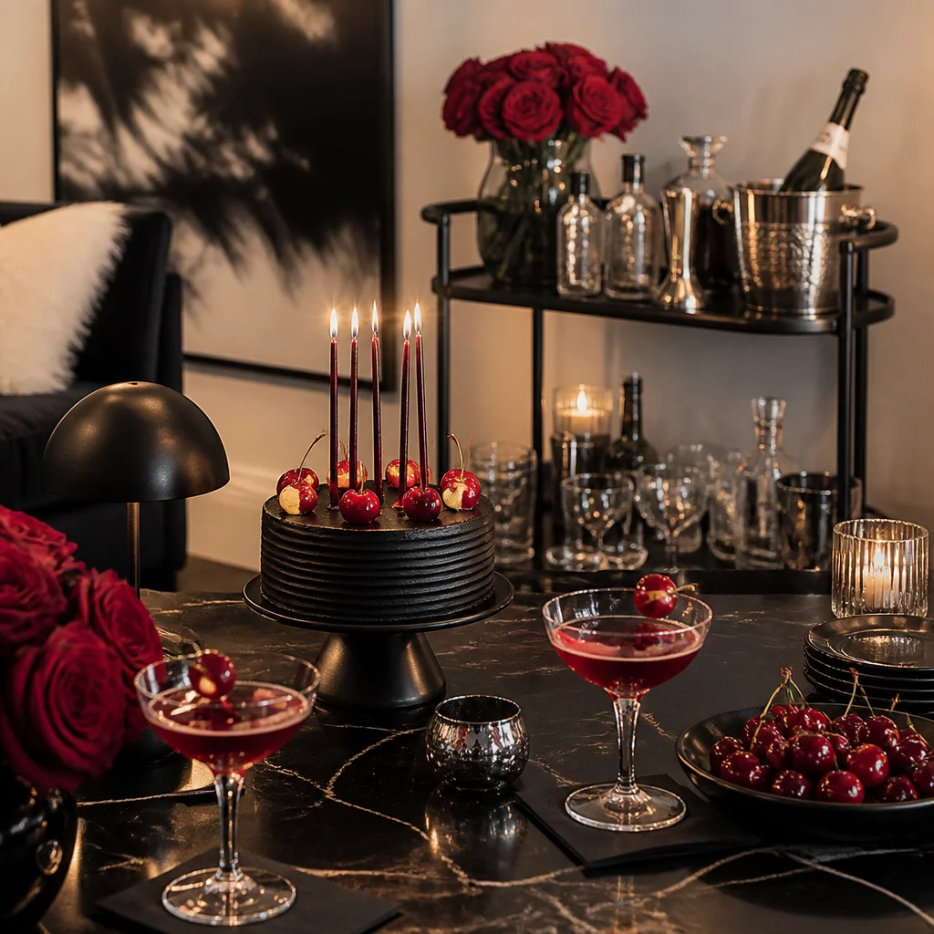 Modern monochrome cocktail party with black and cream decor and a bold red accent