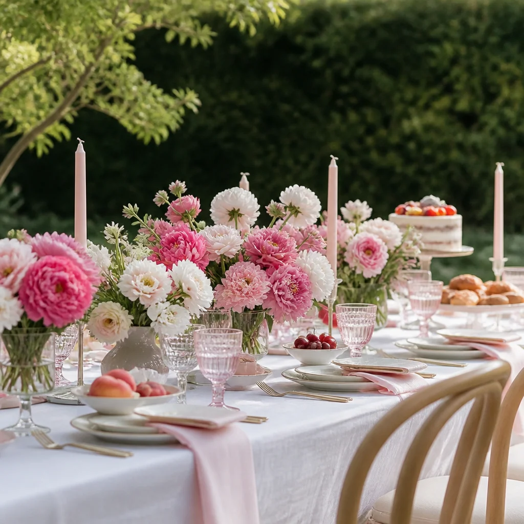 Garden party birthday table with refined florals, pastel blooms, and contemporary styling