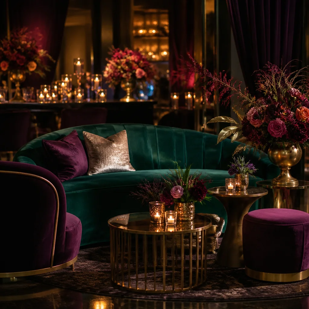 Jewel-toned lounge area for a milestone birthday with velvet seating and candlelight