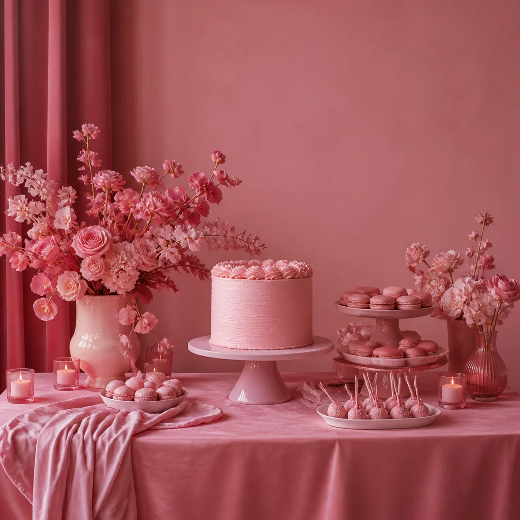 Color-drenched dessert table in layered shades of one hue for an adult birthday