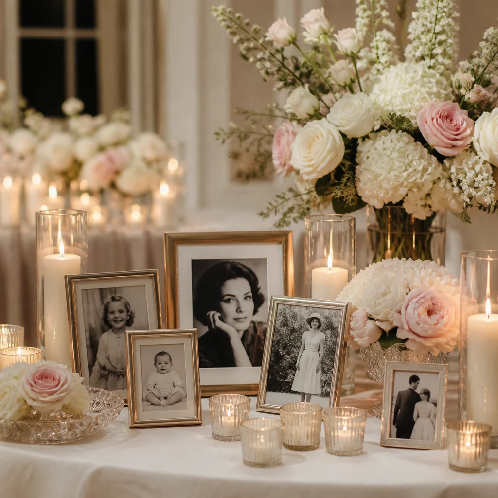 Refined milestone birthday memory display with framed photos, candles, and flowers