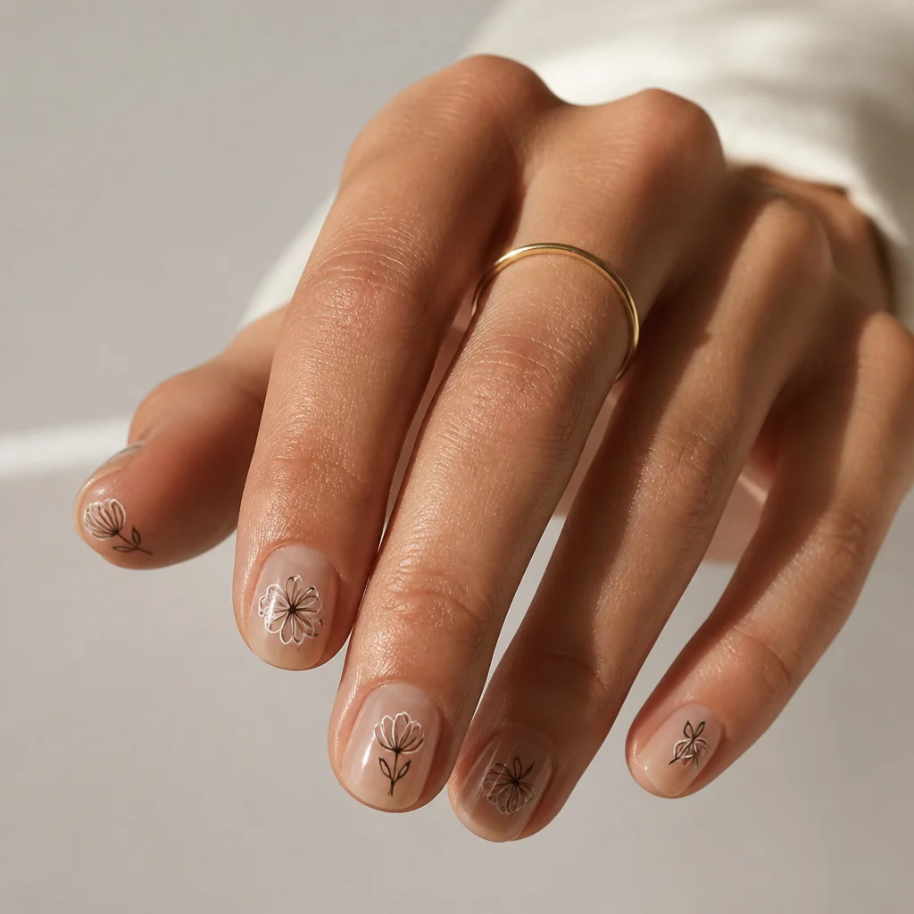 Minimal floral nail art with fine line-drawn petals over a neutral base