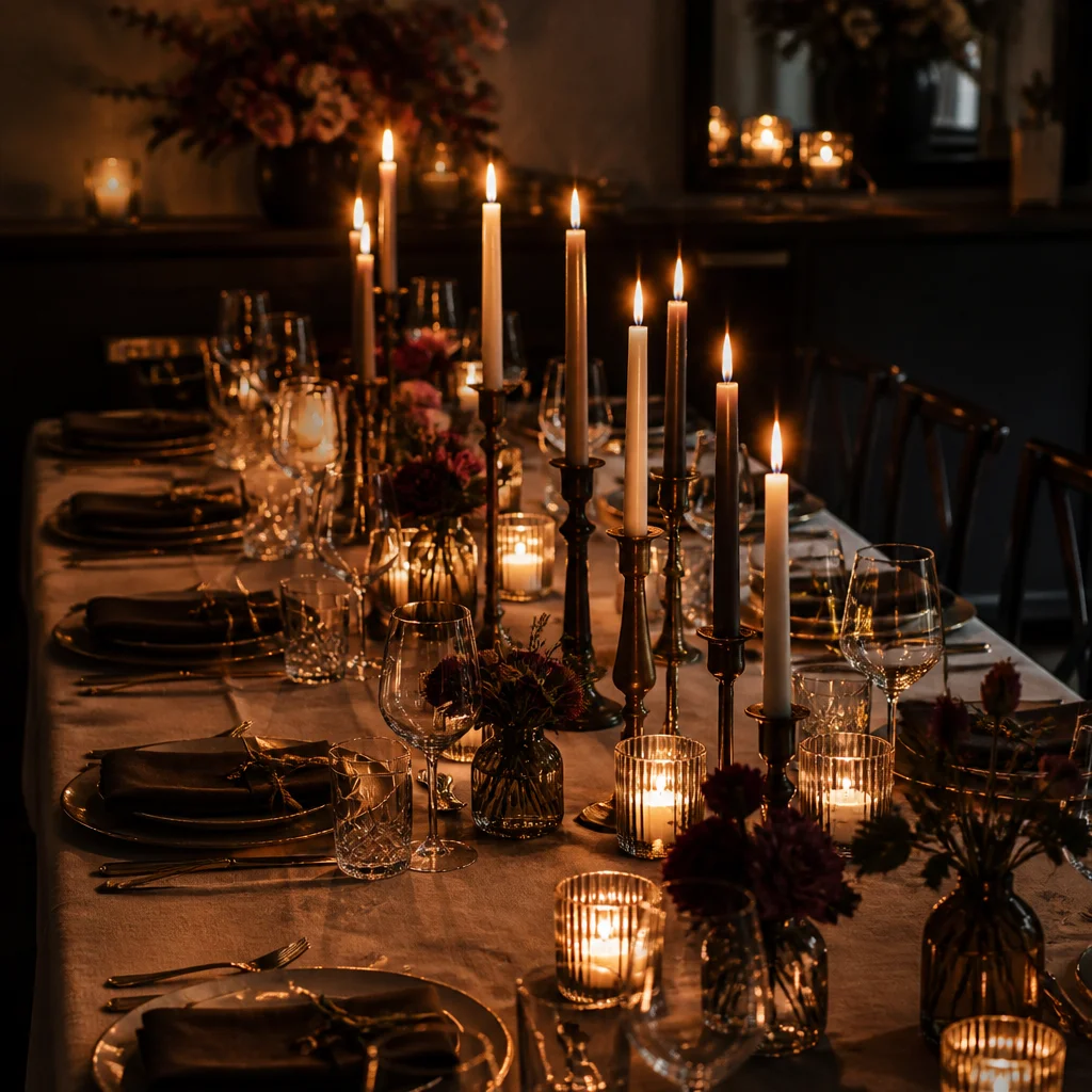 Geburtstags-Dinnertisch im Kerzenlicht mit Stabkerzen und Votivkerzen für eine warme intime Stimmung