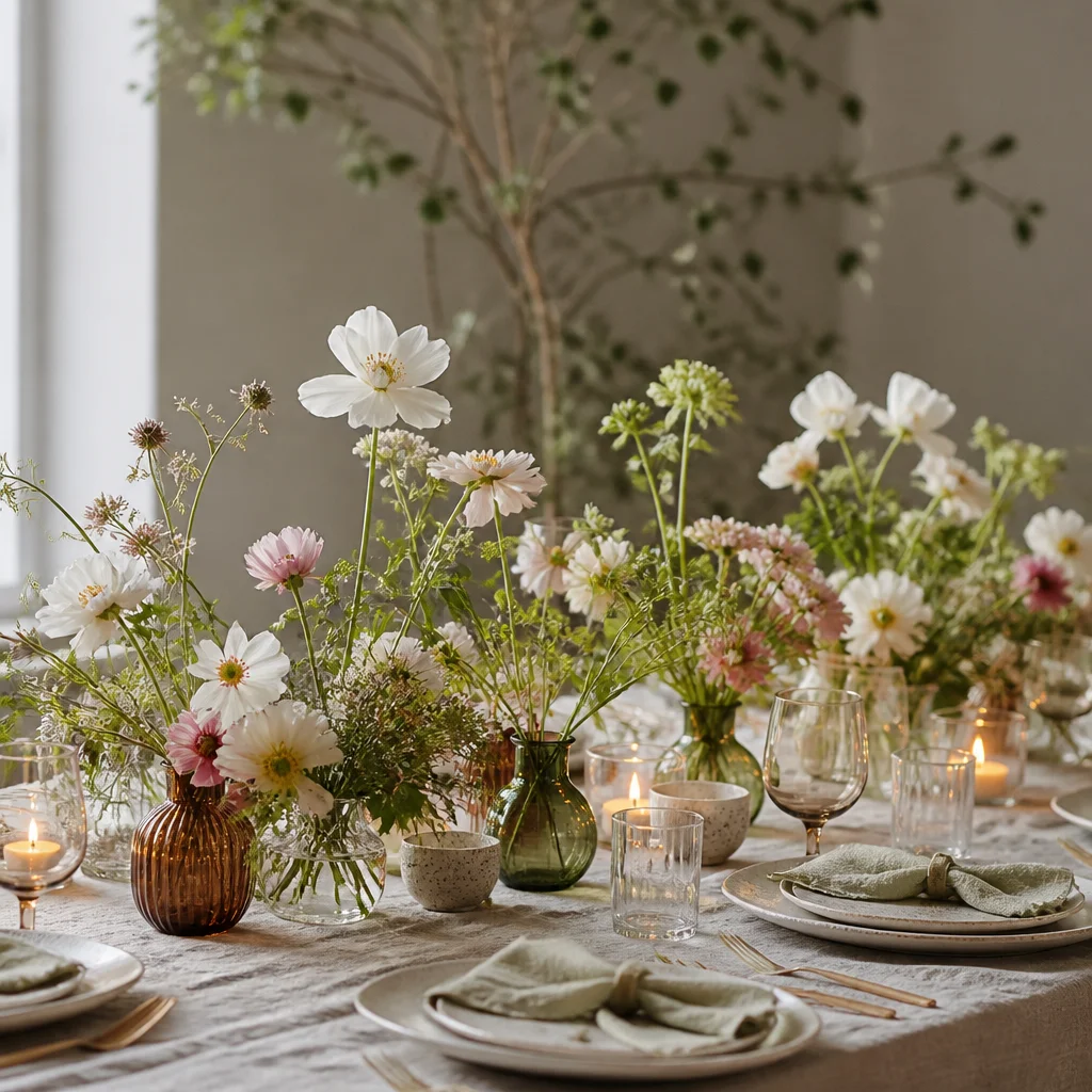 Niedrige organische Blumenarrangements auf einem stilvollen Esstisch für einen Geburtstag zu Hause