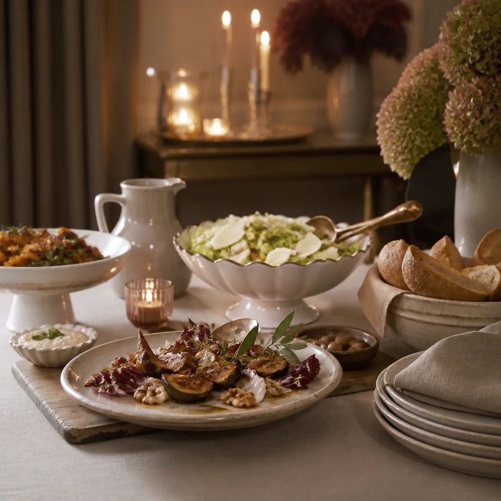 Schön serviertes Geburtstagsdinner mit Platten und Vorspeisen für entspanntes elegantes Gastgebersein