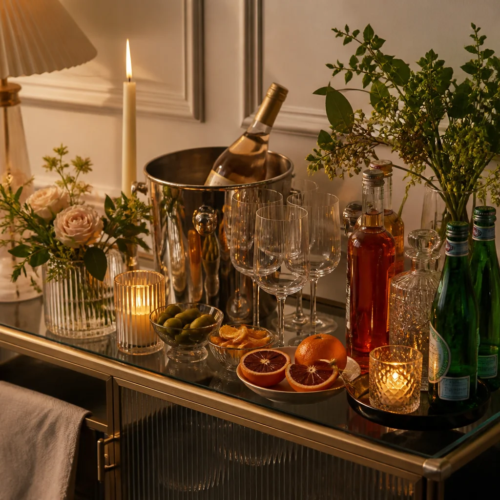 Elegante Getränkestation zur Selbstbedienung mit Cocktailzutaten, Gläsern, Eis und Garnituren