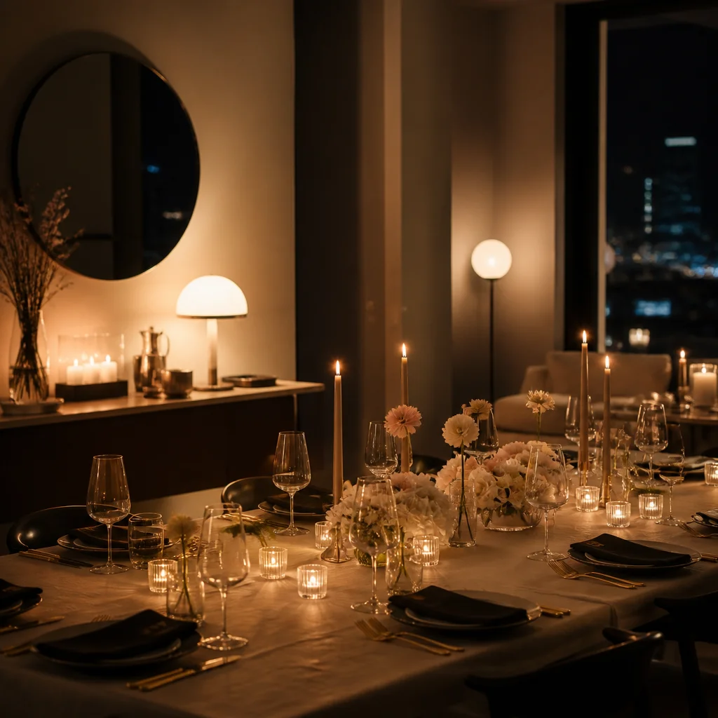 Weite Ansicht eines warm beleuchteten Esszimmers mit Lampen, Kerzen und einladender Dinnerparty-Atmosphäre