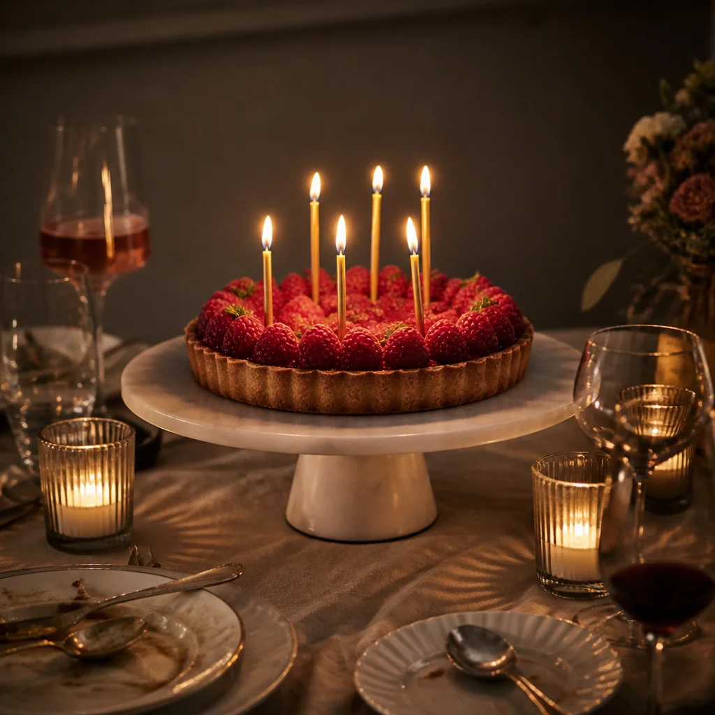 Eleganter Dessertmoment zum Geburtstag mit Kerzen auf einem schlichten Kuchen am Ende eines Dinners bei Kerzenlicht