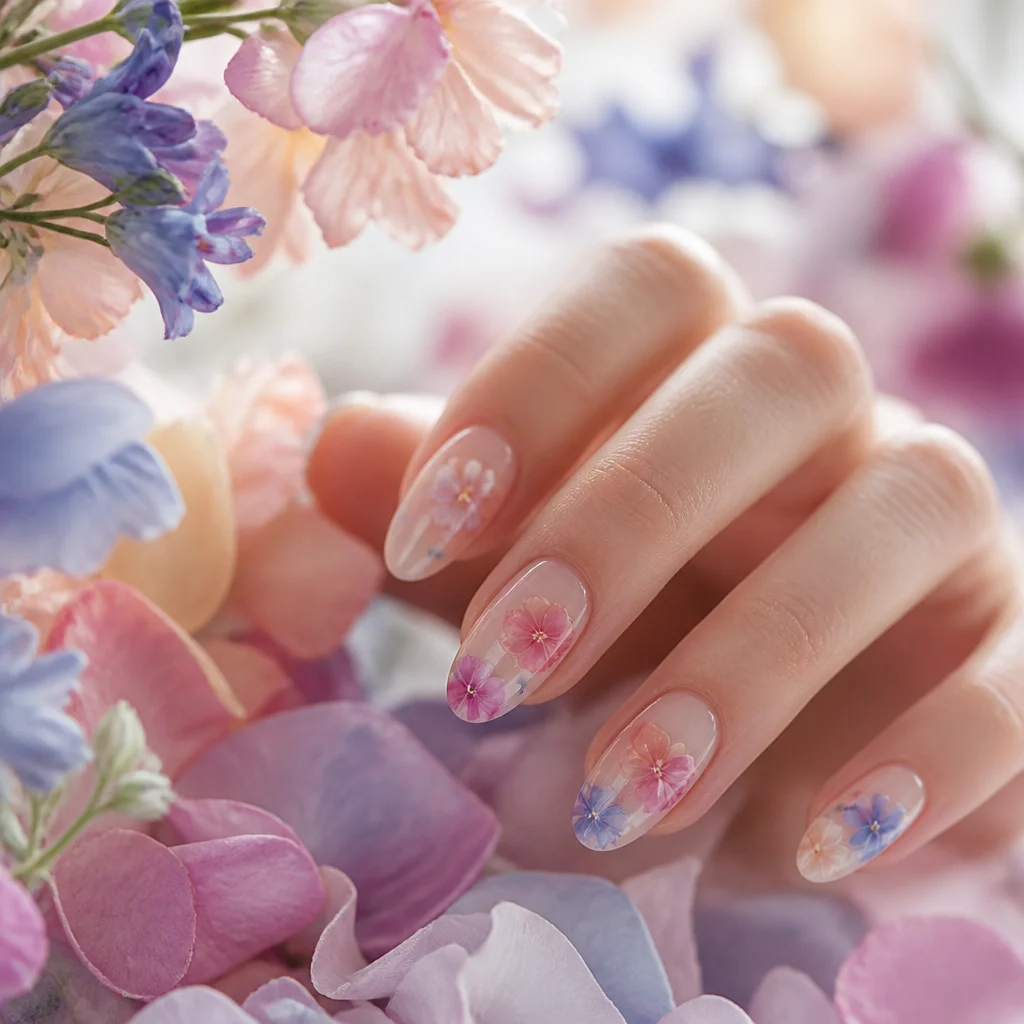Soft watercolor flower nails with blurred pastel petals on a sheer background