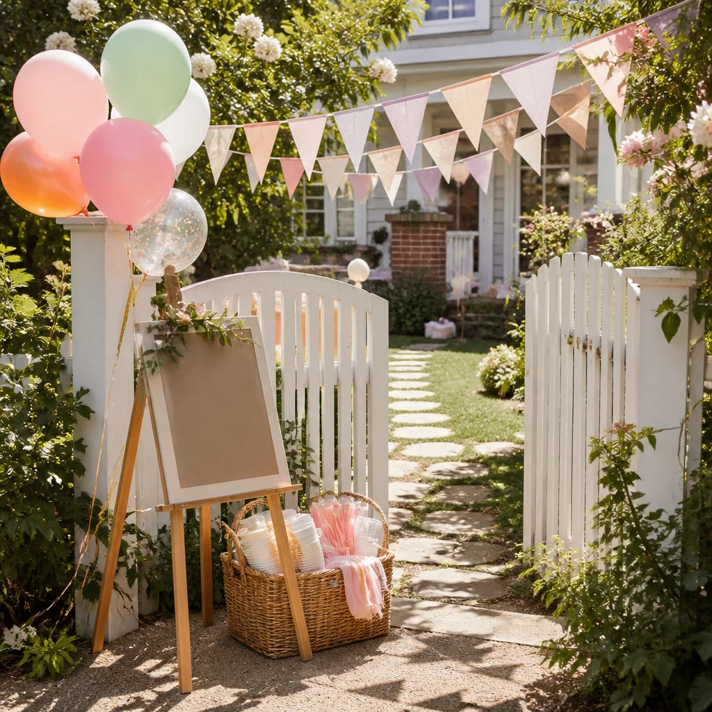 Entrada colorida para cumpleaños infantil en el patio con globos, banderines y una bienvenida junto a la reja del jardín
