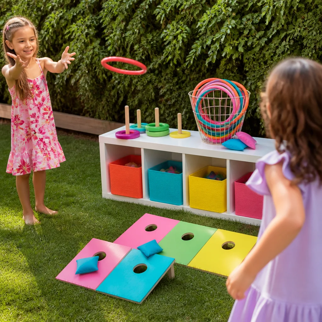 Estación de juegos infantiles sobre el césped con lanzamiento de aros, bolsitas y recipientes de colores