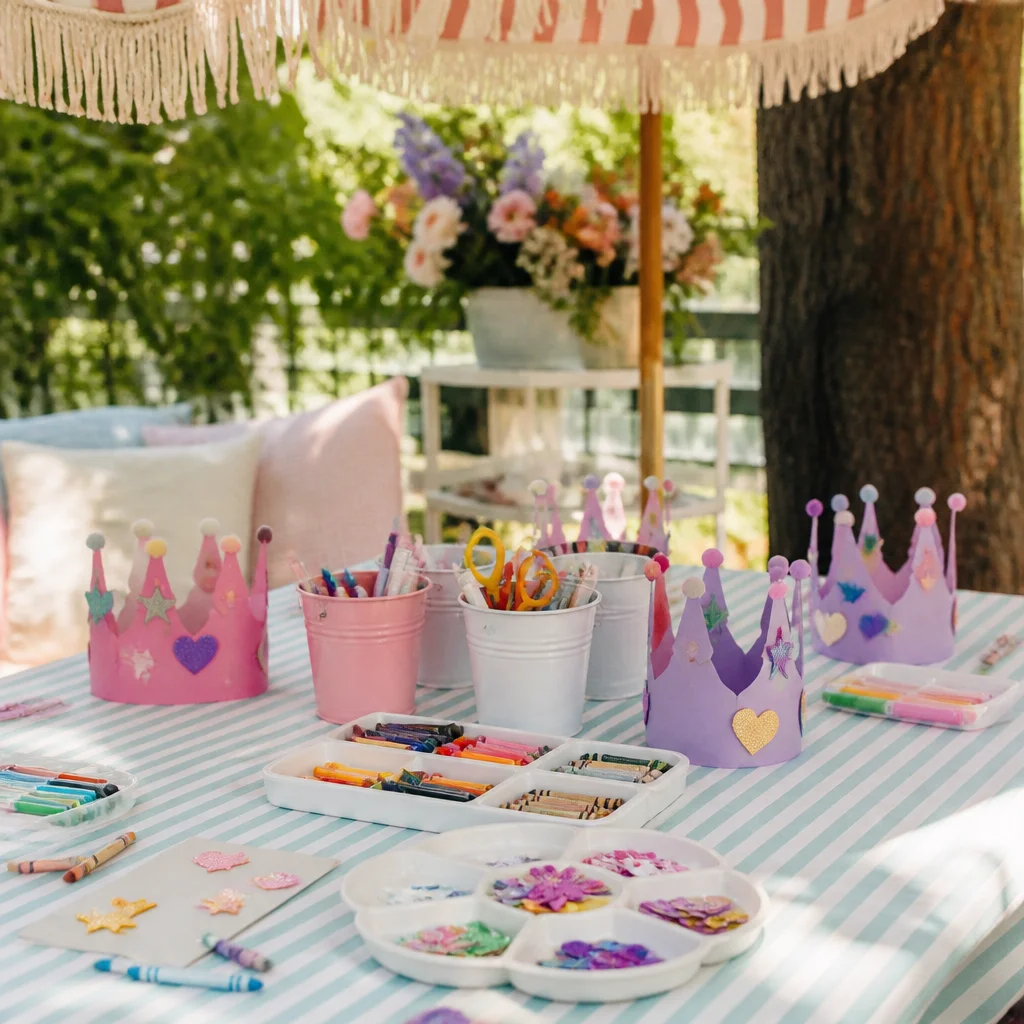 Mesa de manualidades infantil al aire libre bajo la sombra con coronas, crayones, bandejas de materiales y mantel a rayas