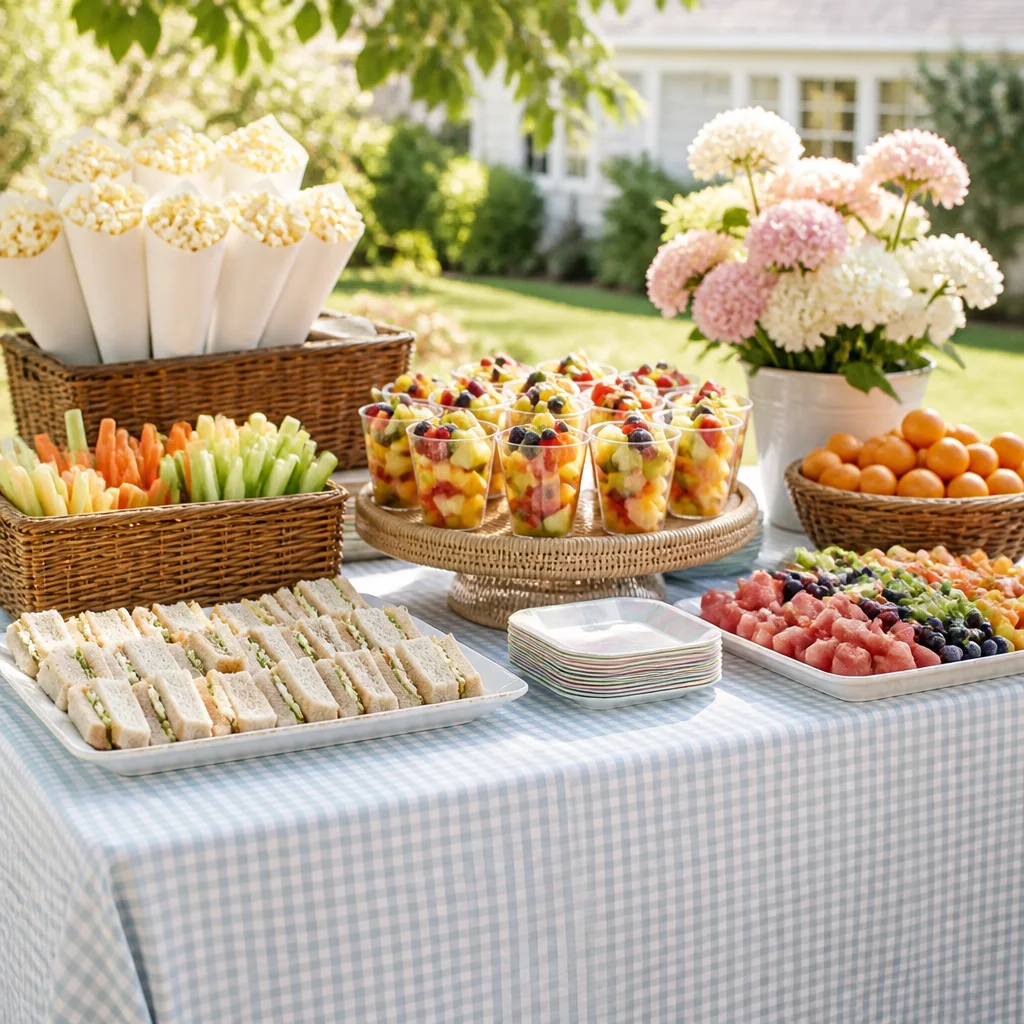Mesa de snacks infantil en el patio con vasitos de fruta, conos de pochoclo, mini sándwiches y piezas alegres para servir