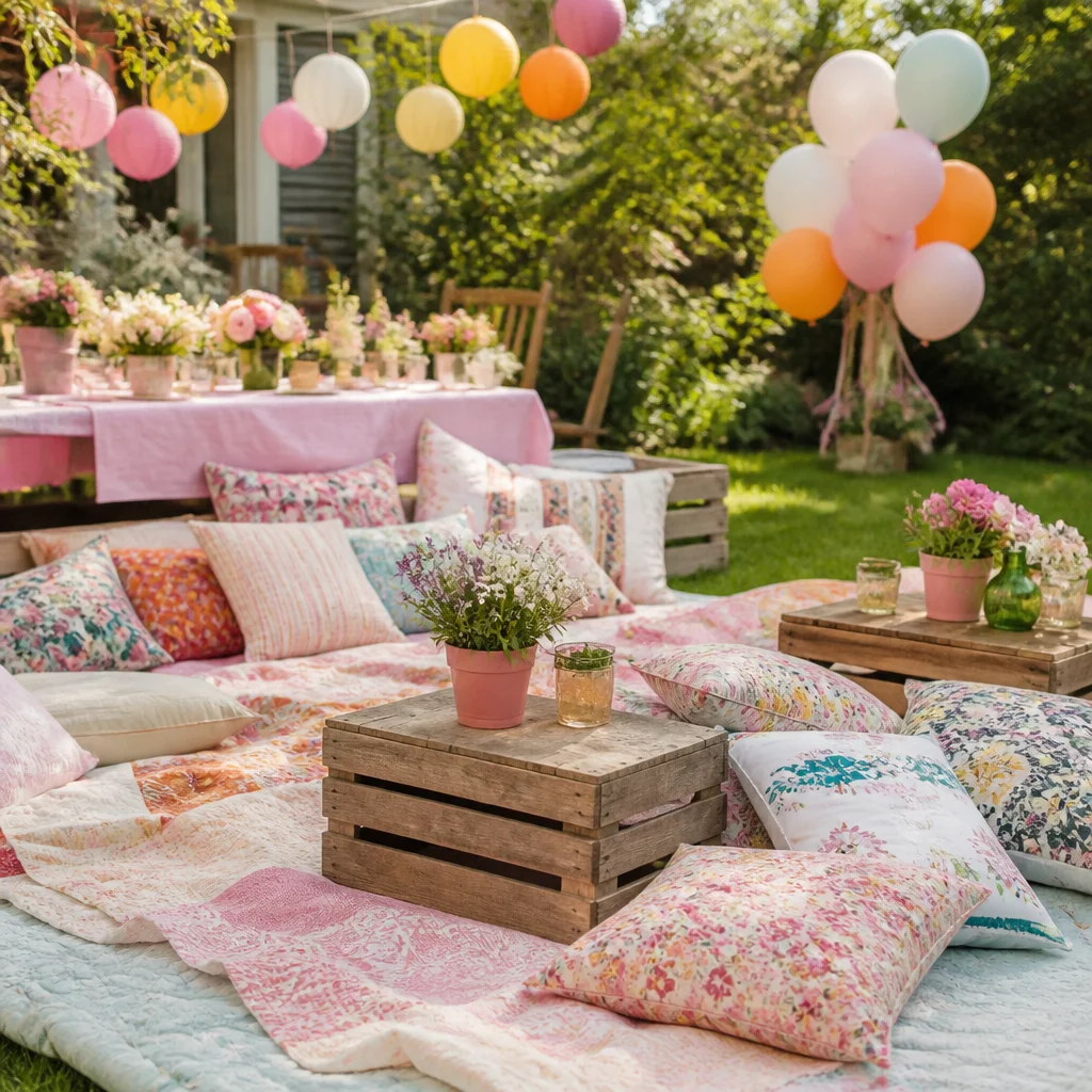 Zona de mantas de picnic sobre el césped con almohadones, mesas bajas y textiles coloridos combinados
