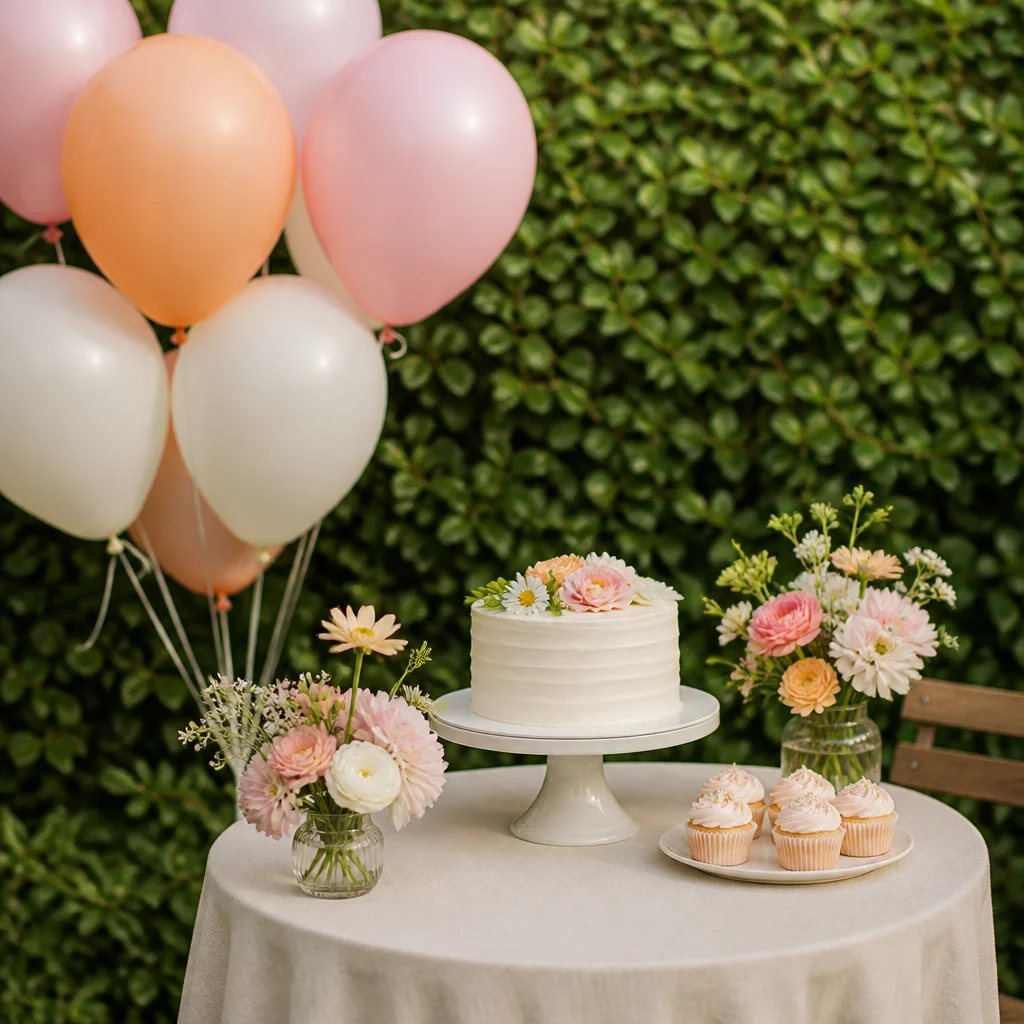 Fondo simple para mesa de torta al aire libre con globos, una pequeña presentación de postres y un cerco verde detrás