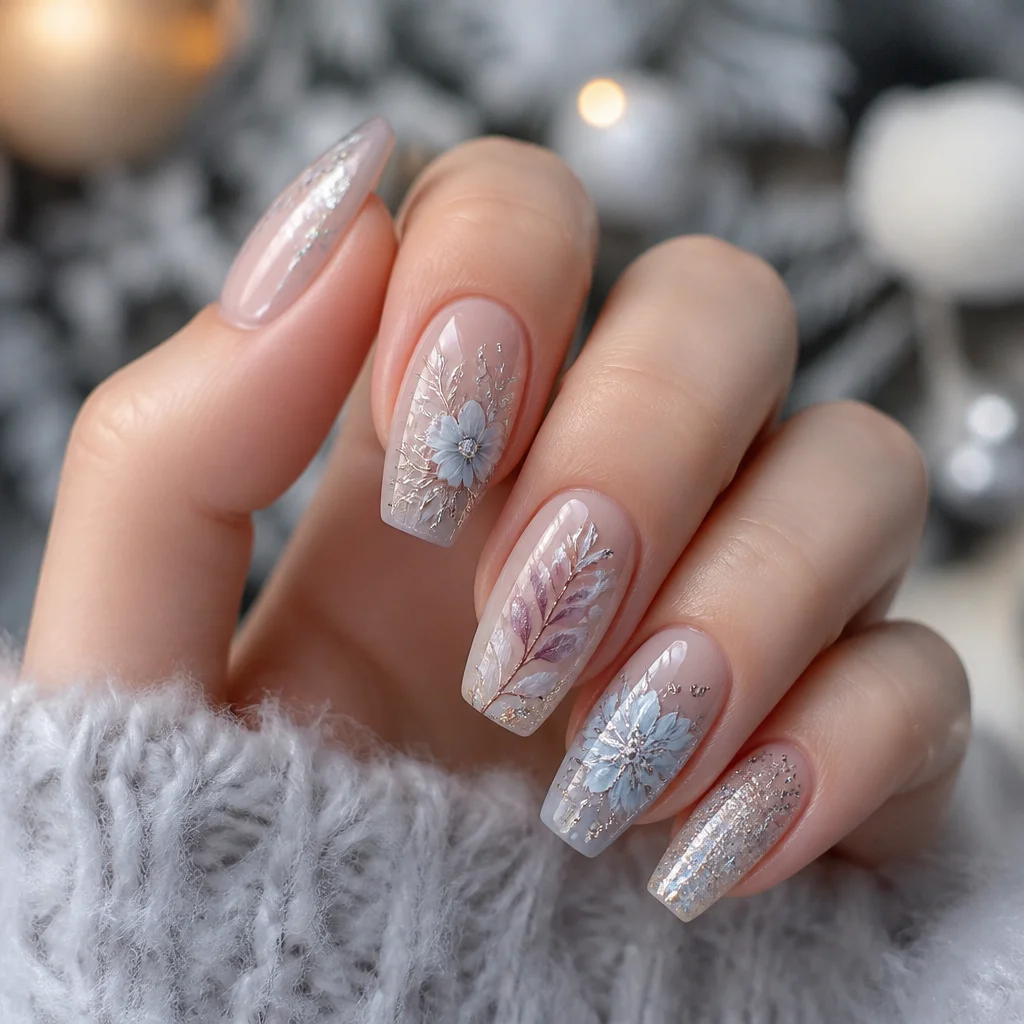 Winter floral manicure in icy blue, silver, and white with delicate metallic accents