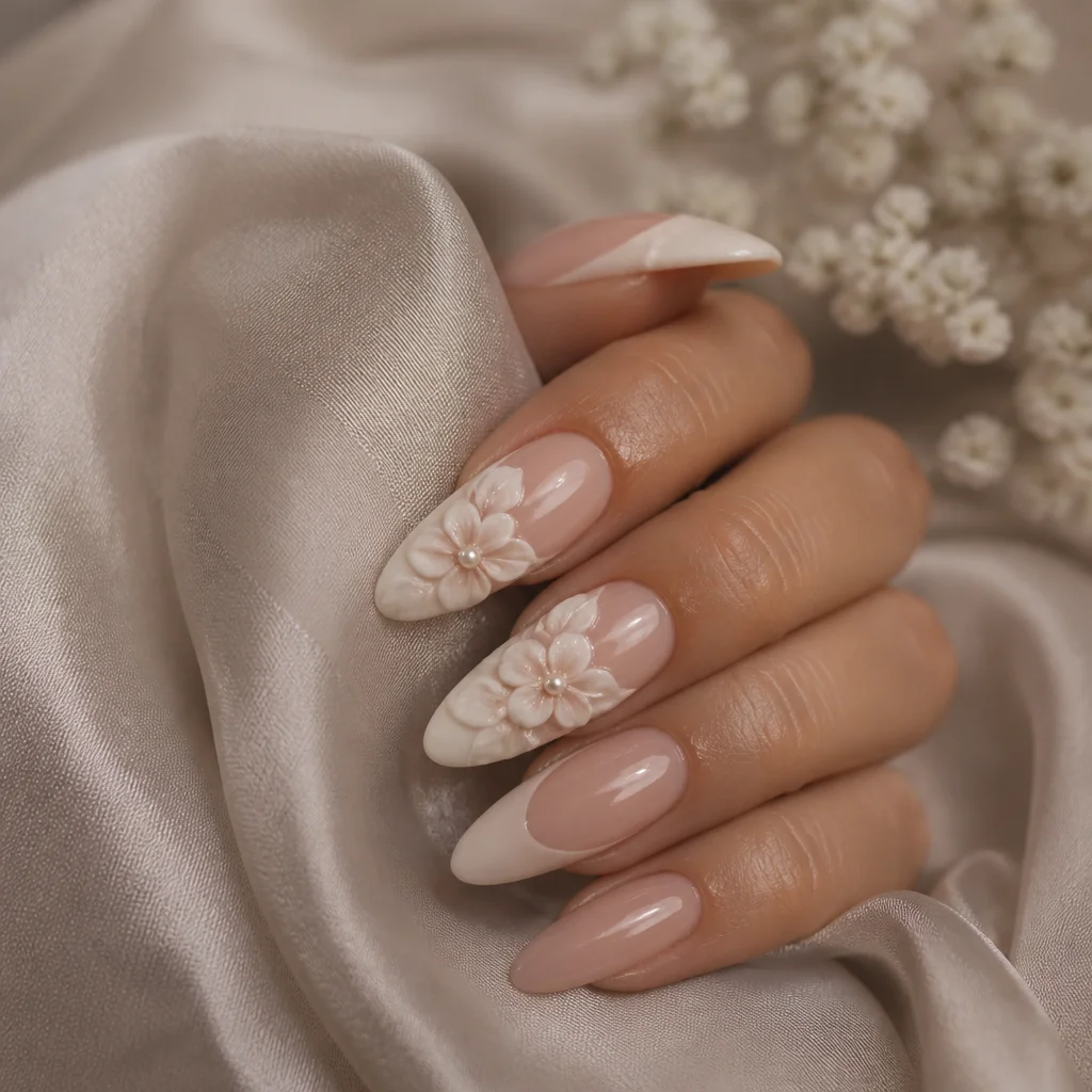 Textured 3D floral accent nails with sculpted petals and pearl centers