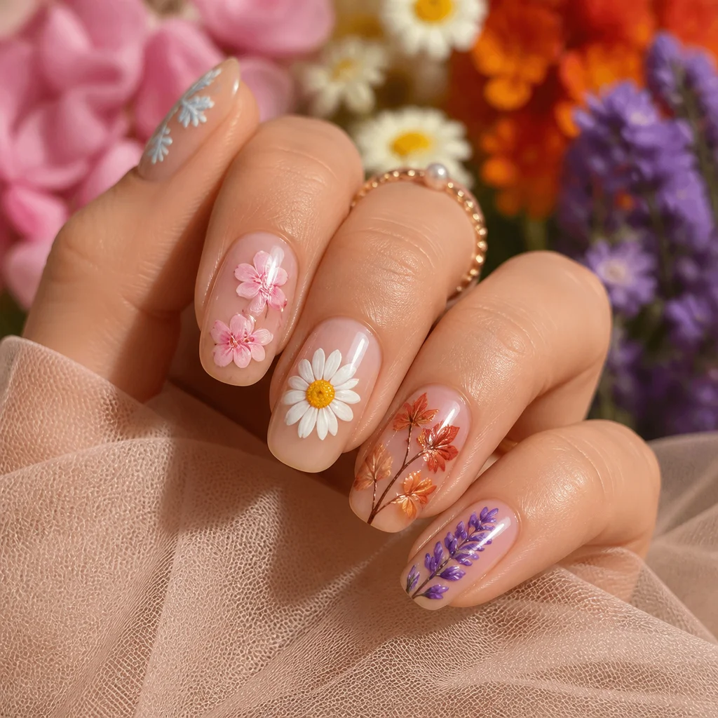 Seasonal mix-and-match floral manicure featuring varied bloom colors across the nails