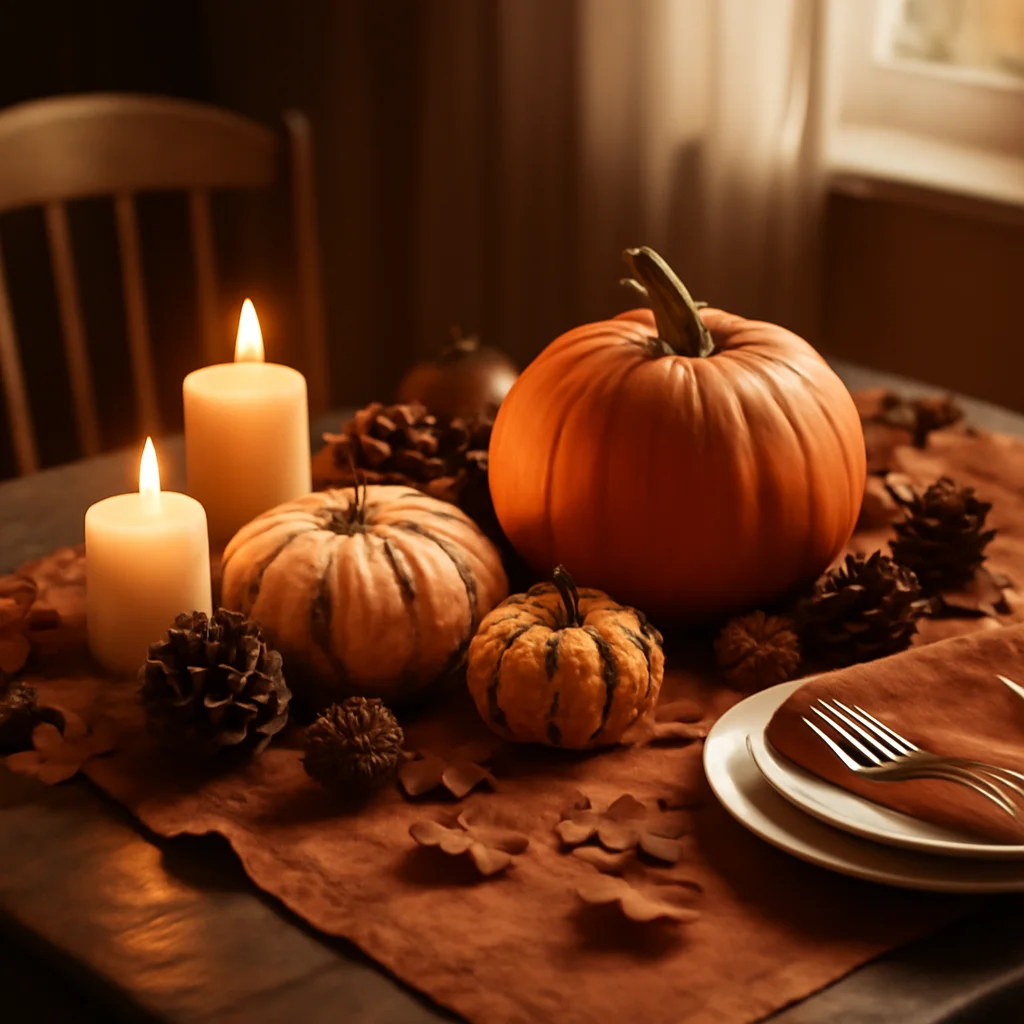 Autumn table setting featuring pumpkins and pine cone centerpiece