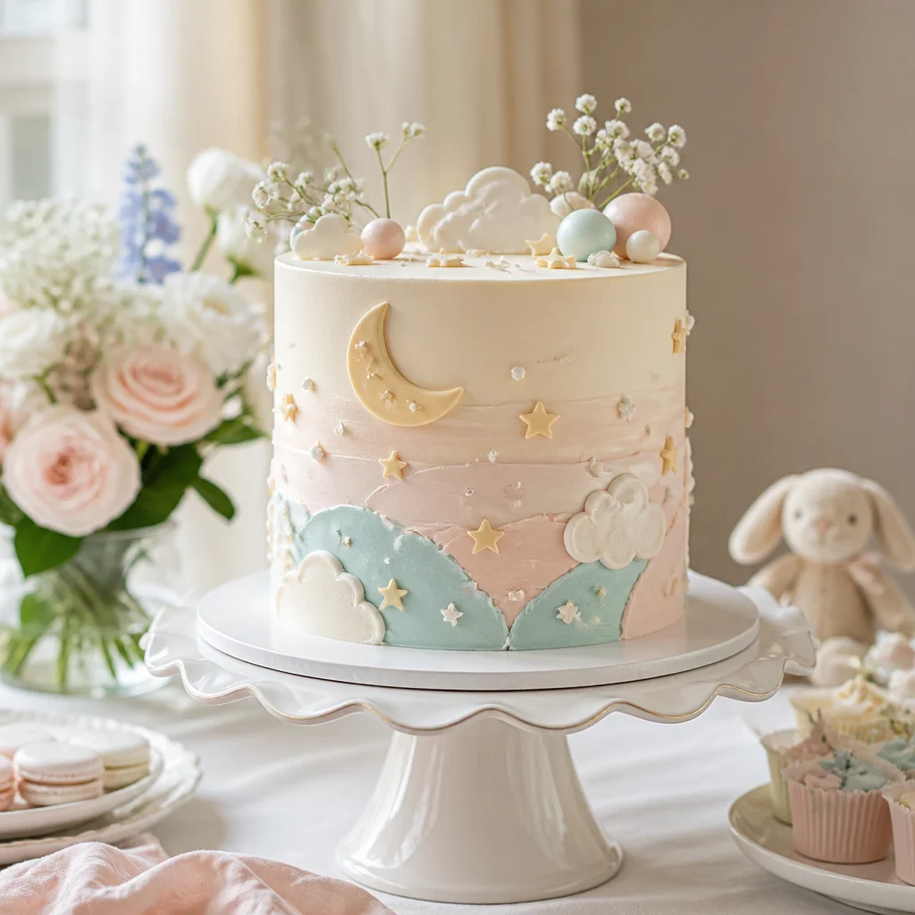 Pastellfarbene Storybook-Babyshower-Torte mit Mond, Sternen und zarten Buttercreme-Details auf einem Ständer mit Wellenrand