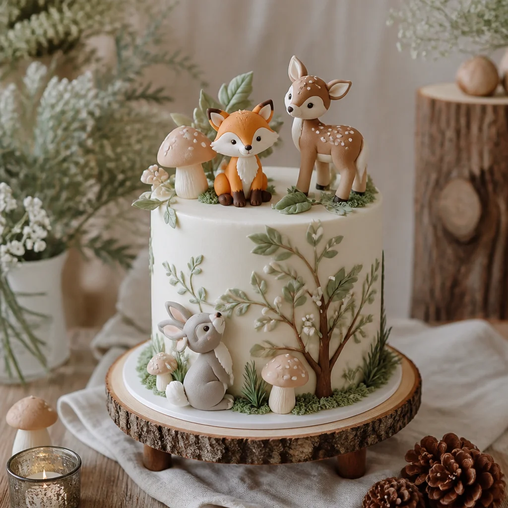 Babyshower-Torte mit Waldtieren, Fuchs-, Reh- und Blattdetails, dekoriert mit natürlichen Holzakzenten