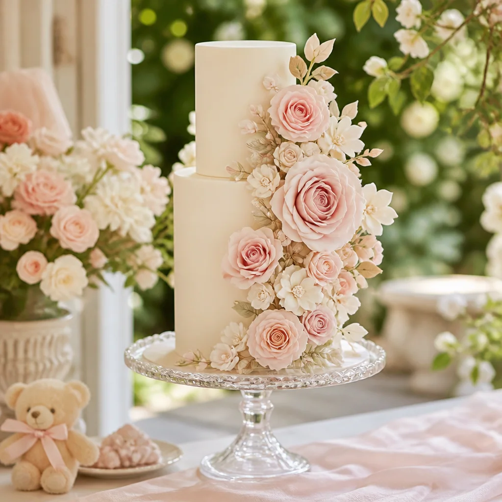 Elegante Babyshower-Torte mit Blumenkaskade in zartem Rosé und Elfenbein auf einem gläsernen Podest