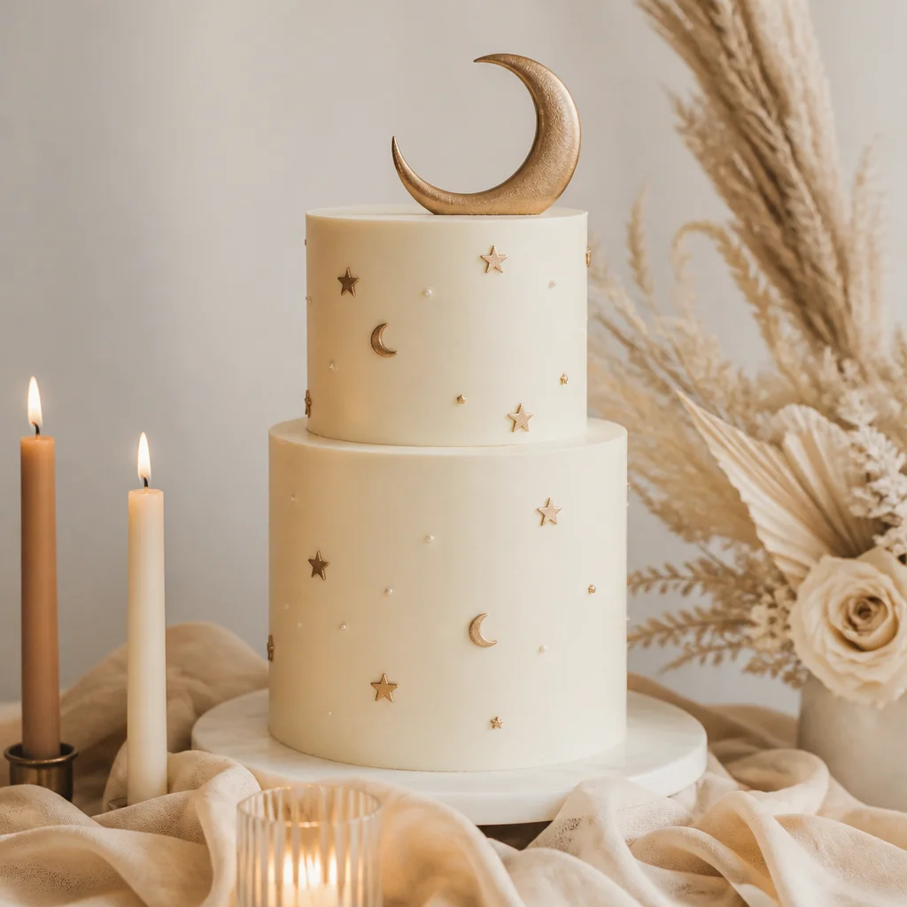 Minimalistische Mond-und-Sterne-Babyshower-Torte in Elfenbein mit dezenten goldenen Himmelsakzenten
