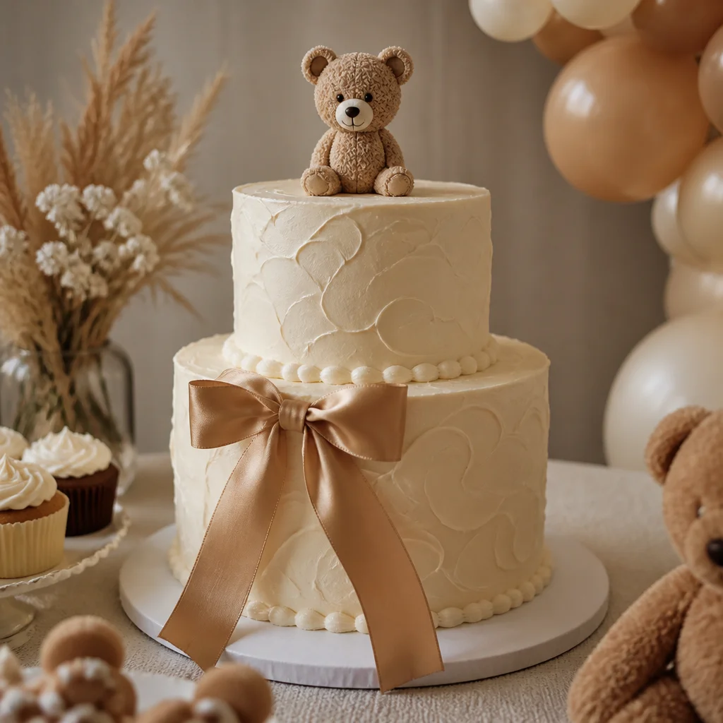 Neutrale Teddybär-Babyshower-Torte mit strukturierter Glasur und einem weichen Band am unteren Rand