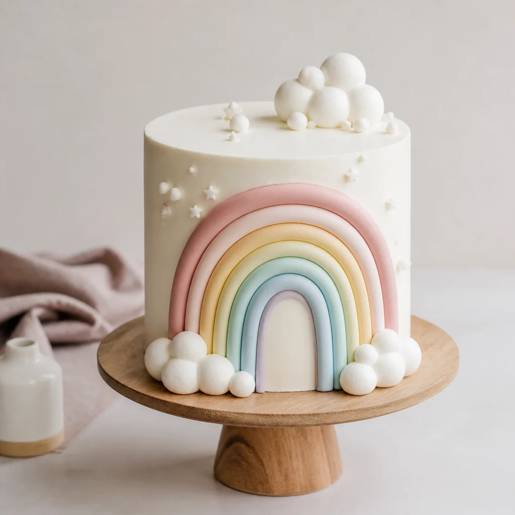 Babyshower-Torte im Rainbow-Baby-Stil mit pastelligen Bögen und Wolkendetails auf einem schlichten Tortenständer