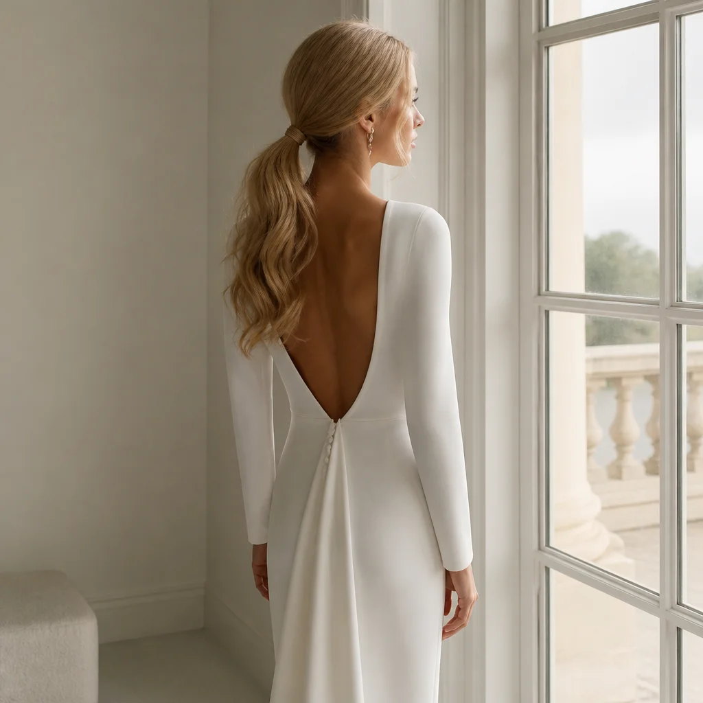 Minimalist bride wearing a low ponytail with gentle volume