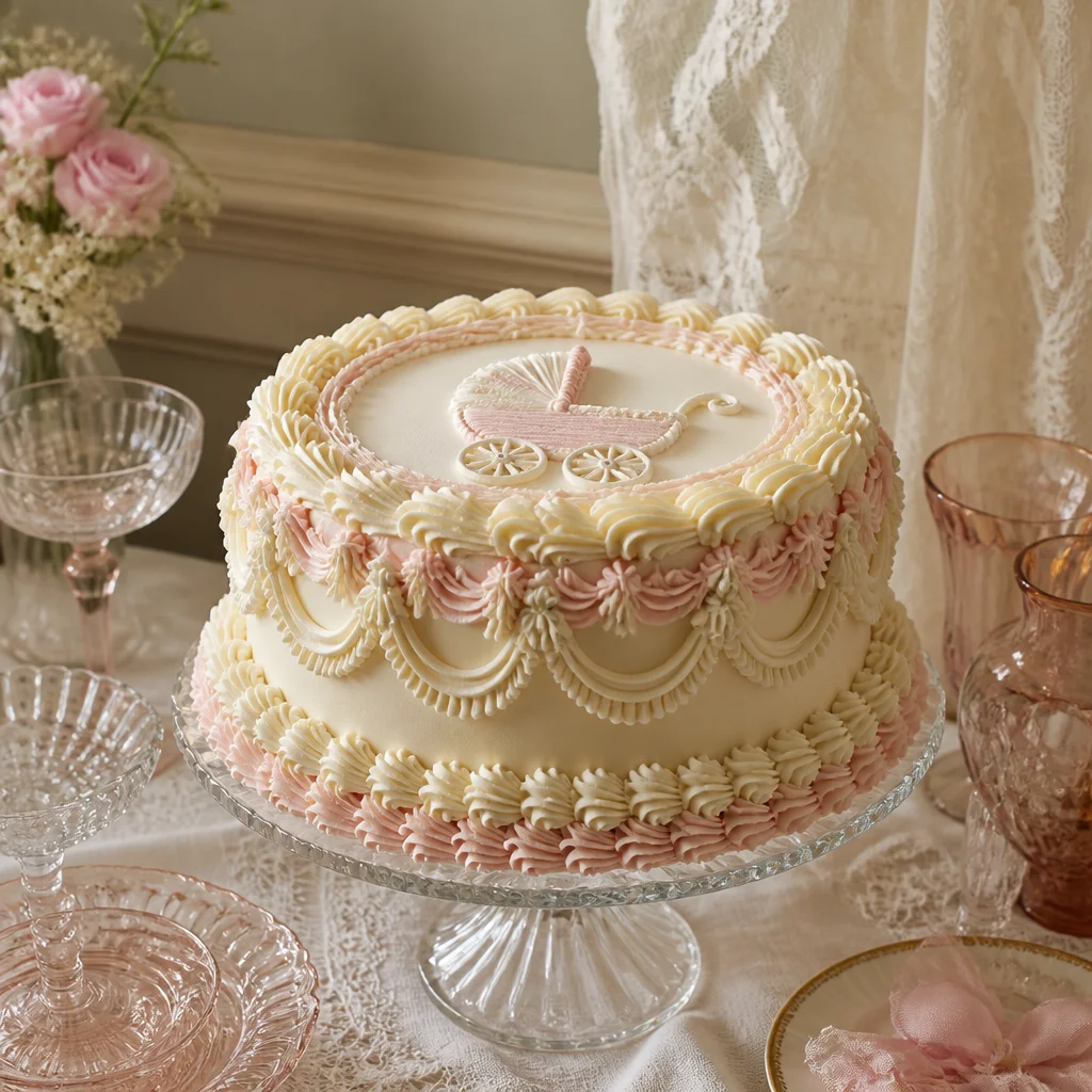 Vintage-Babyshower-Torte im Lambeth-Stil mit kunstvollen Spritzrändern und perlenartigen Details