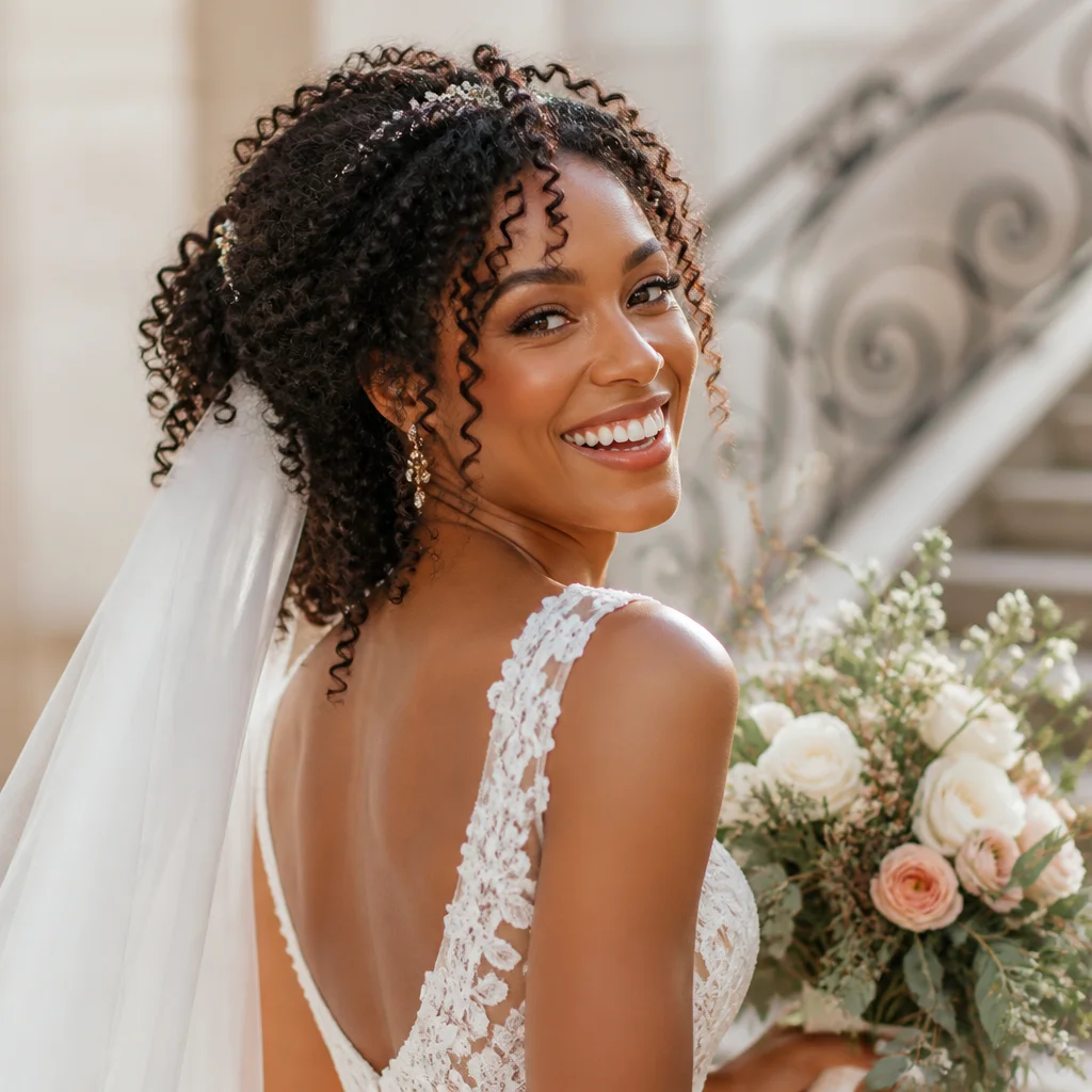 Bride with defined natural curls styled for the wedding day
