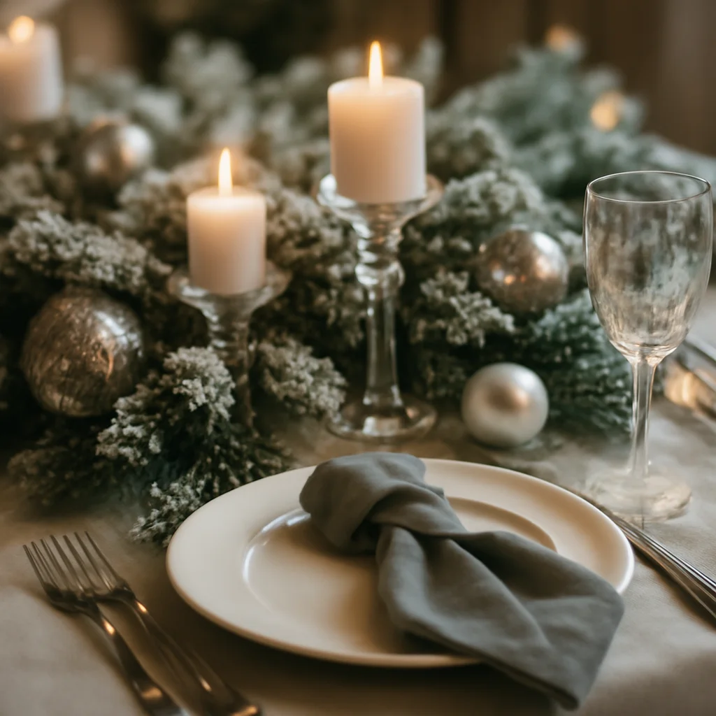 Winter holiday table decorated with evergreen branches and candles