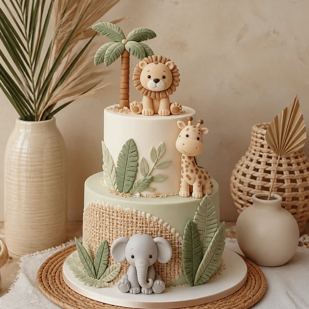 Neutrale Safari-Babyshower-Torte mit Elefanten, Giraffen, Palmblättern und sanften Erdtönen