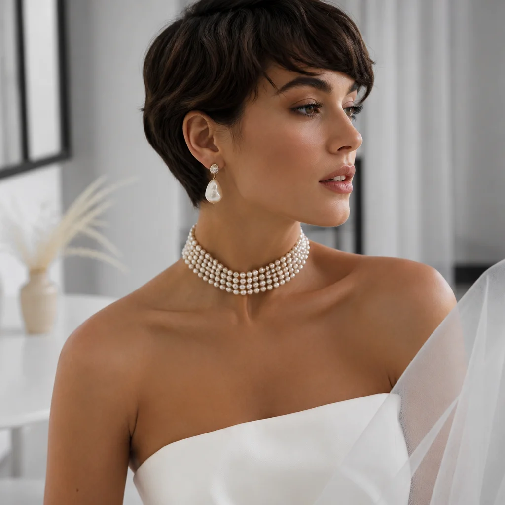 Bride with short bridal hair and a statement pearl accessory
