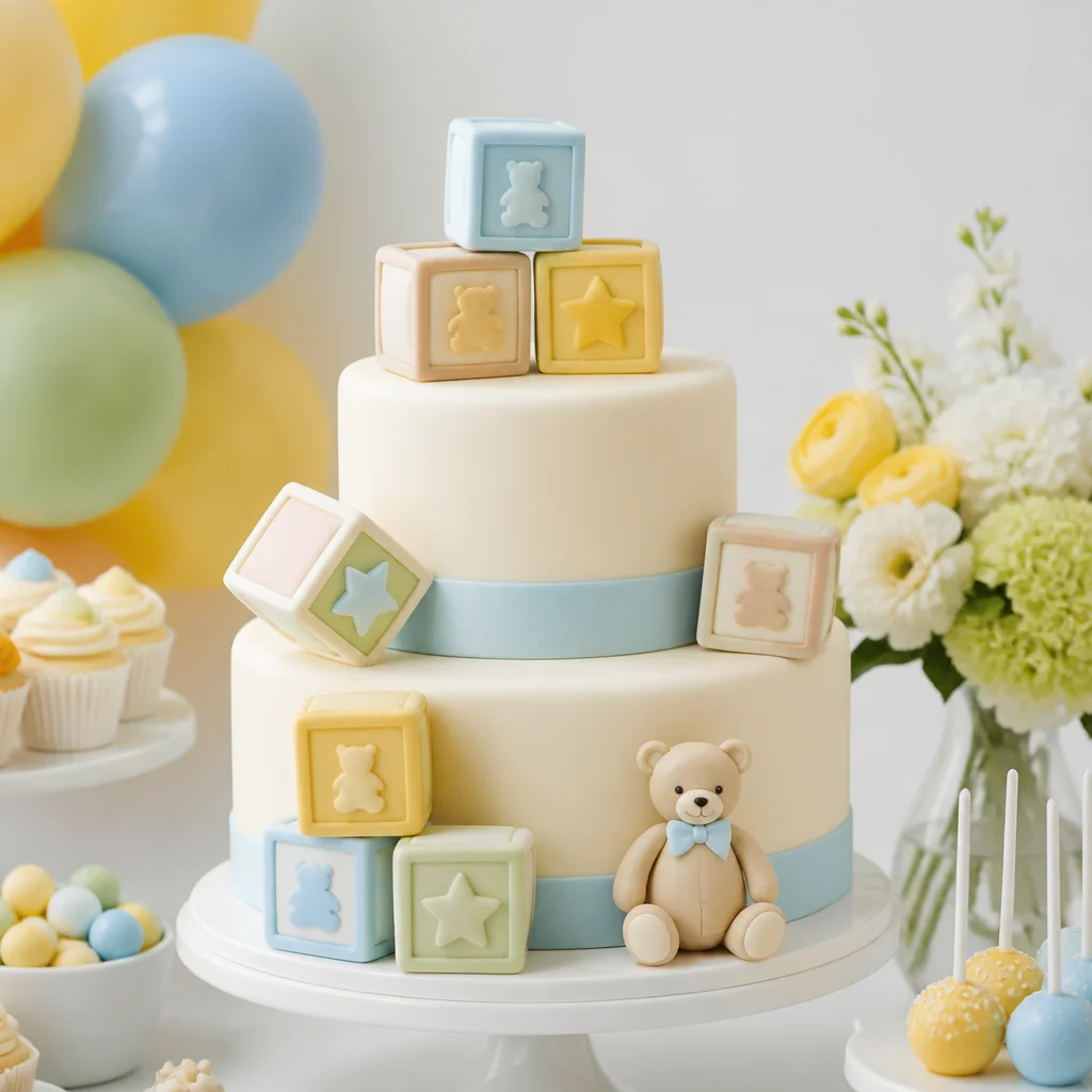Babyklötzchen-Torte für die Babyparty mit essbaren Alphabetwürfeln und abgestimmten Pastellakzenten
