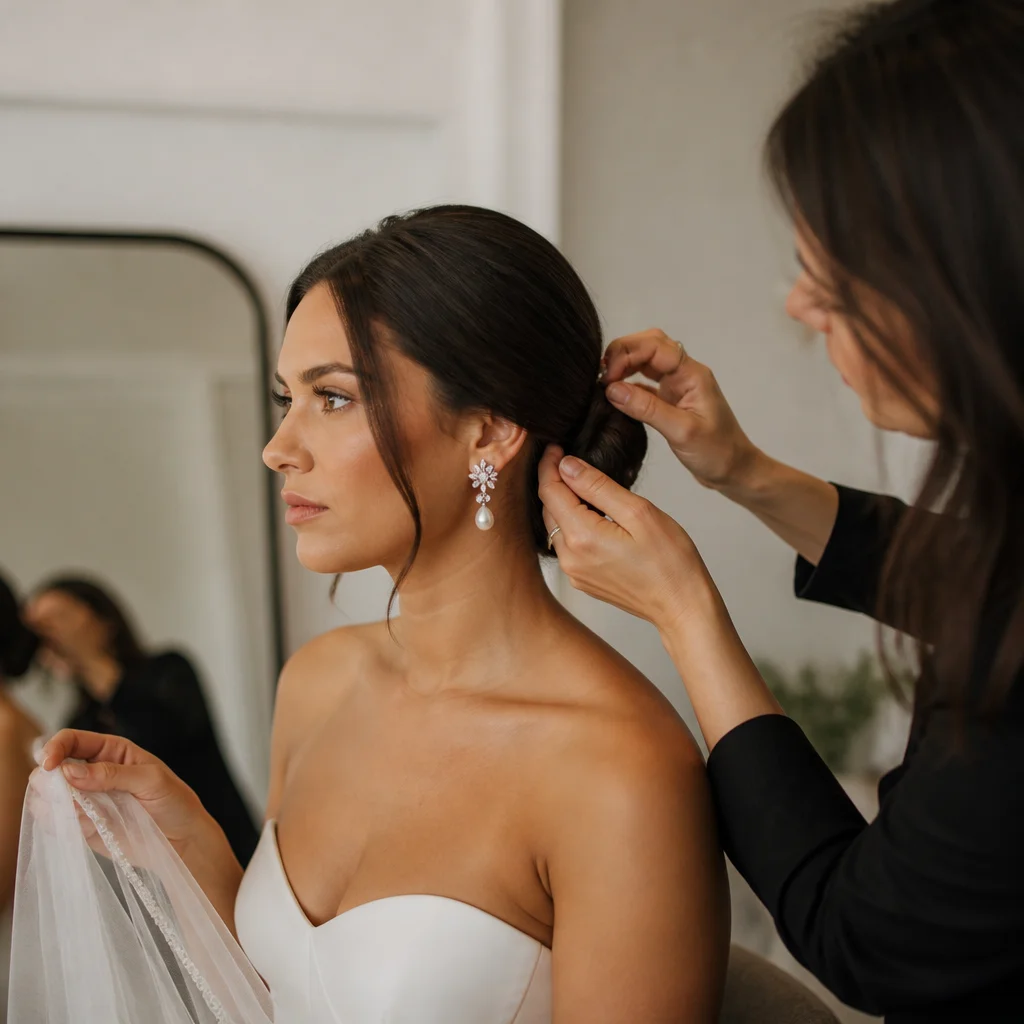 Bride at a hair trial evaluating a lasting wedding hairstyle with accessories